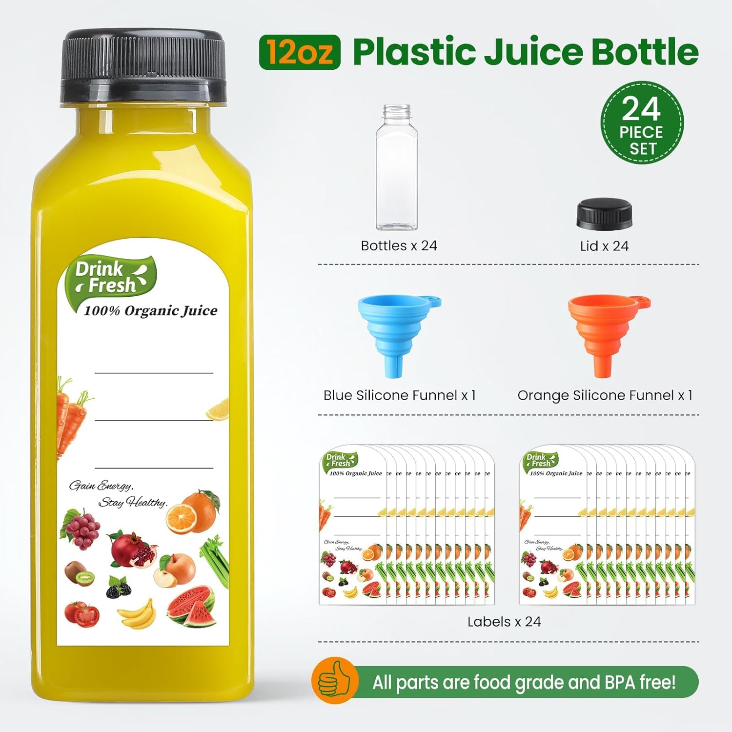 Thumbnail 2 de 12 oz Reusable Juice Bottles with Lids & Funnels (24 Pack)