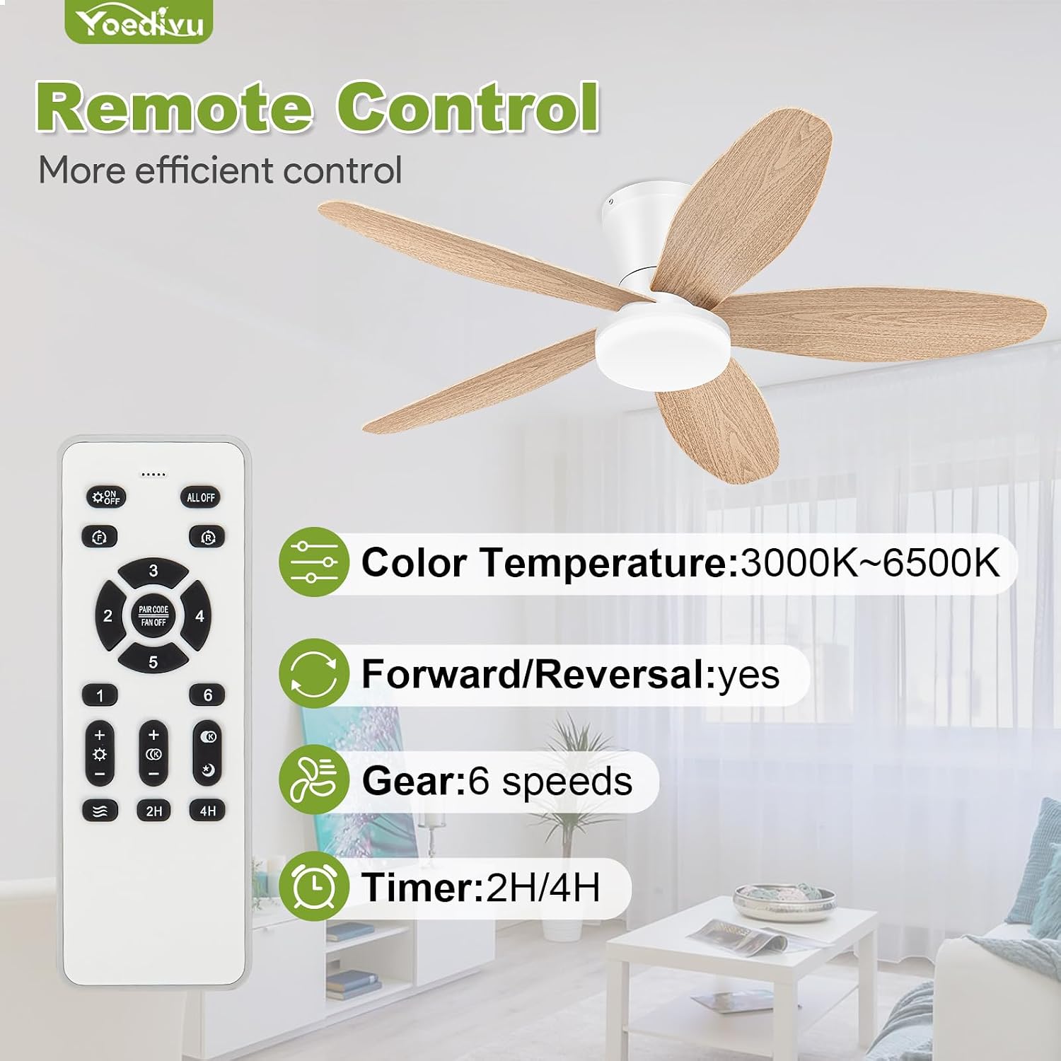 Detalle 2 de Yoedivu CEILING FAN-011 42-Inch Ceiling Fan with Light, 6 Speeds