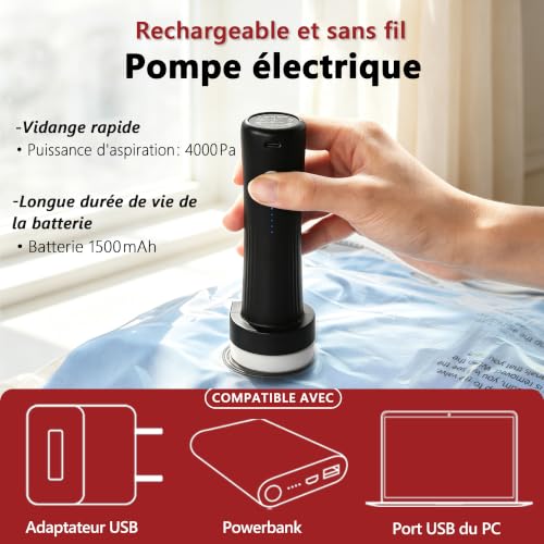 Detalle de Sac sous vide vêtements avec pompe électrique sans fil – SUOCO, 18 pièces (3 tailles)