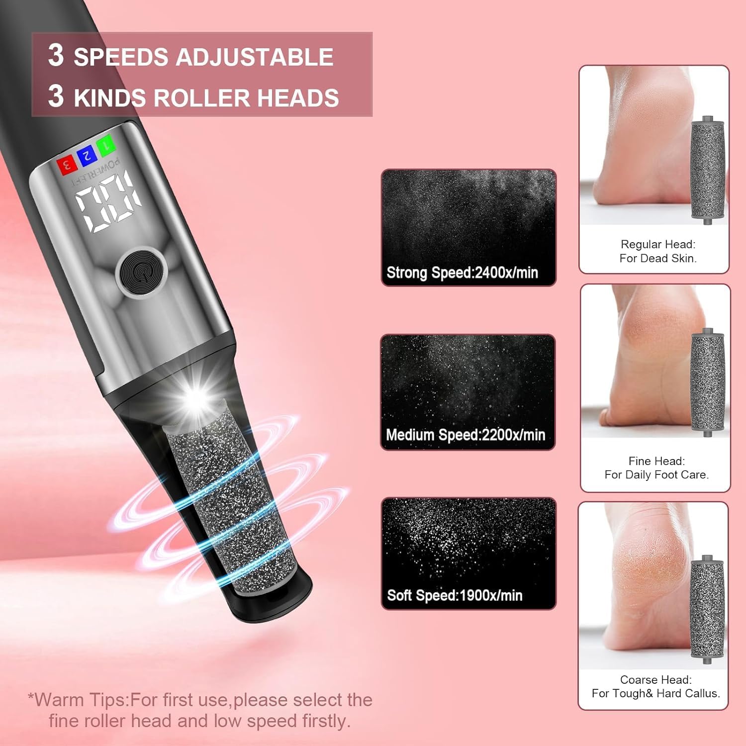 Thumbnail 3 de Dongxw Electric Callus Remover for Feet – Rechargeable Foot File with 3 Roller Heads