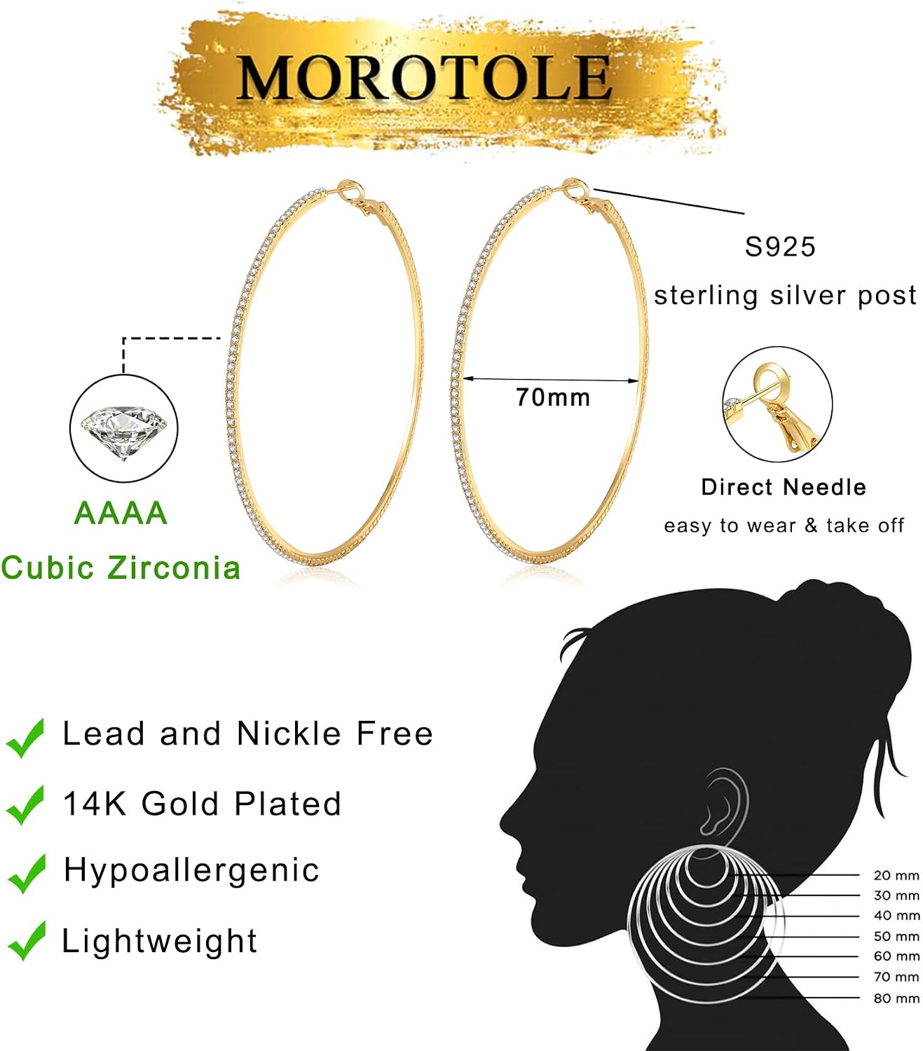 Detalle de MOROTOLE 14K Gold Strass Creolen – große Rhinestone Hoop Ohrringe (20–70 mm), hypoallergen