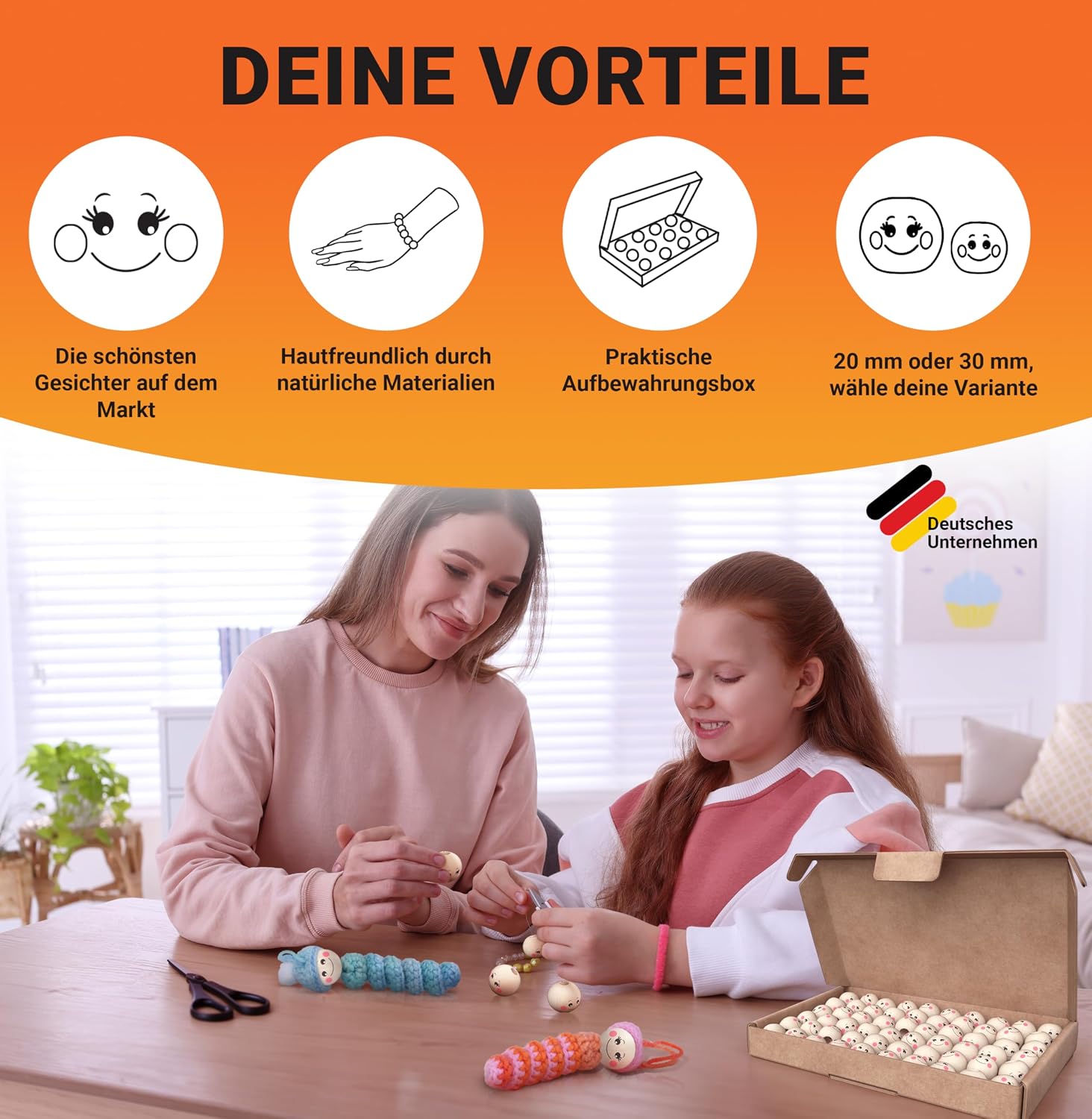 Detalle 2 de Ananda Goods 120 Holzperlen mit Gesicht 20mm