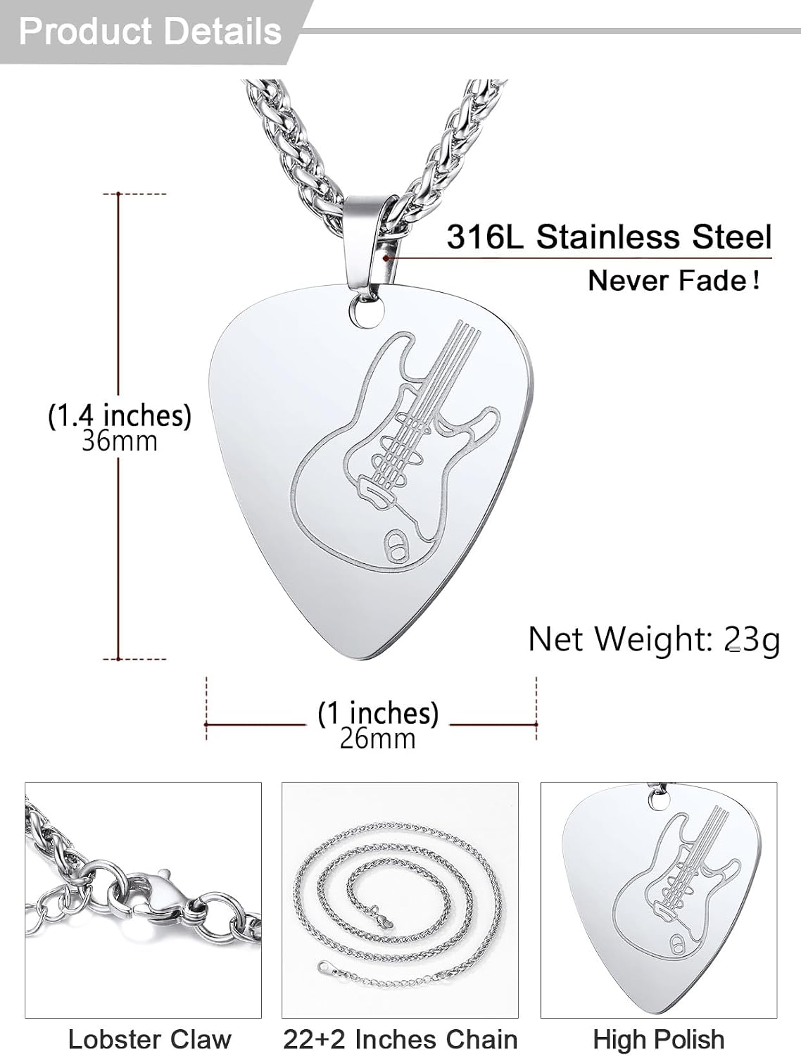 Thumbnail 5 de U7 Pendentif Plectre Collier 55 cm