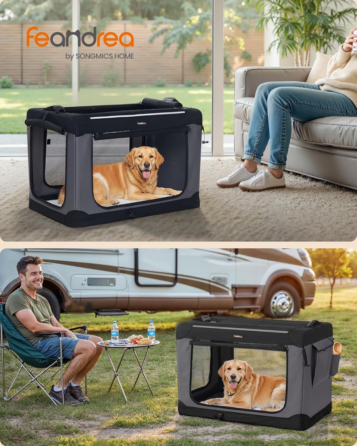 Detalle 2 de Feandrea faltbare Hundebox 91,4 cm: Transportbox für große Hunde (bis 35 kg) mit 4 Netztüren, Oxford-Gewebe