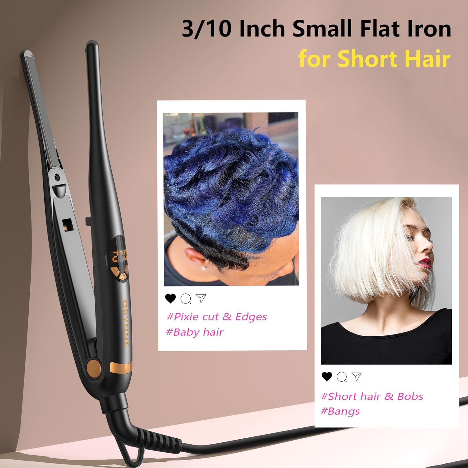 Detalle 2 de ORYNNE 3/10in Small Flat Iron for Short Hair, Pixie Cuts & Edges (Champagne Gold)