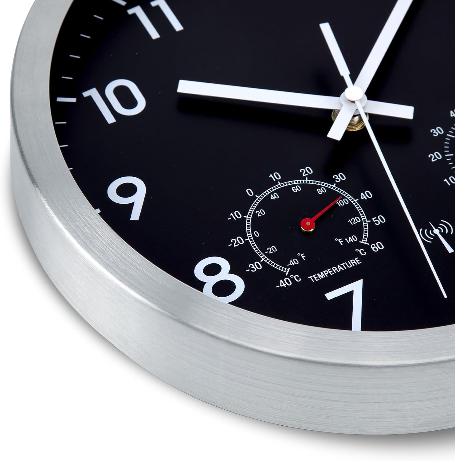 Detalle de Epochic Wanduhr Funk mit Temperatur- und Feuchtigkeitsanzeige – Funkuhr Wand, 25 cm, Schwarz, batteriebetrieben