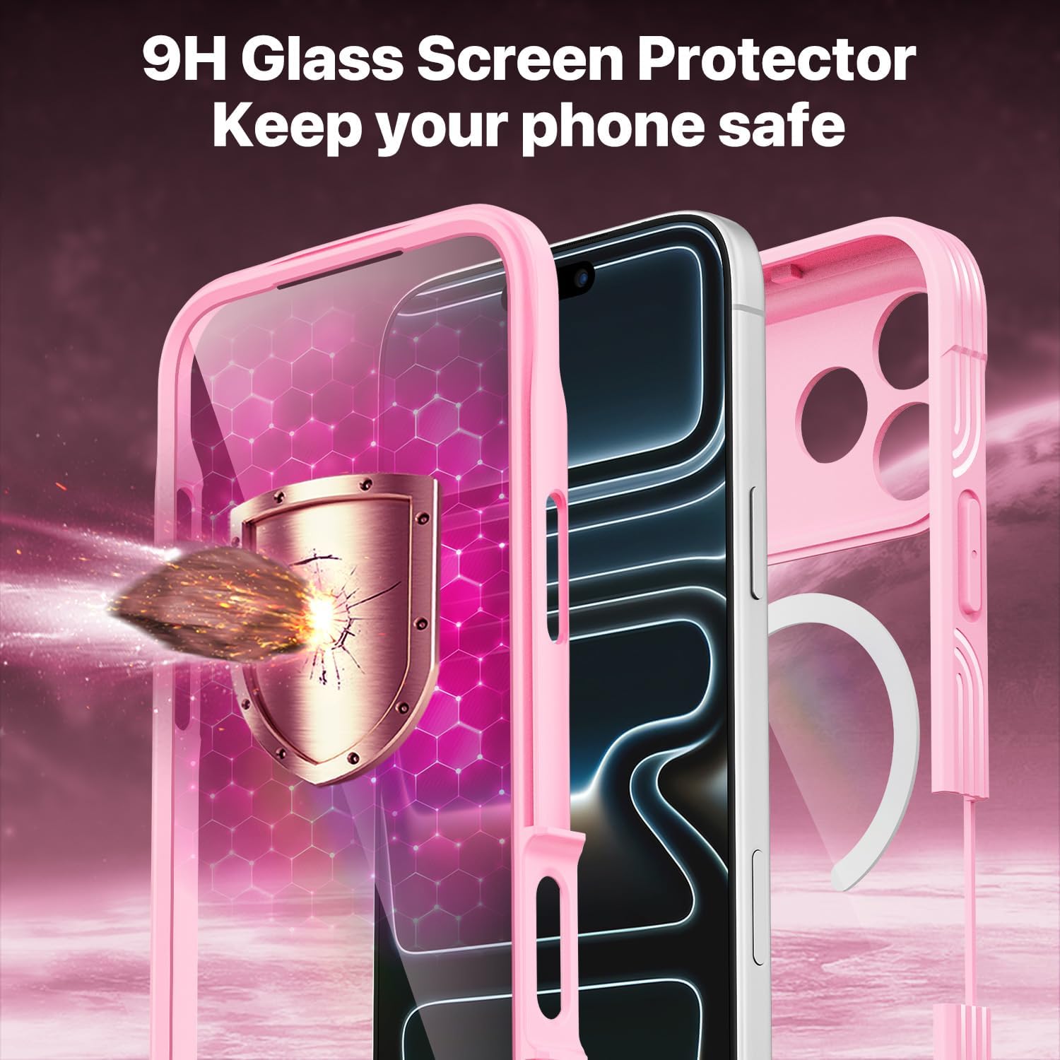 Thumbnail 2 de CENHUFO iPhone 17 Pro Max MagSafe case with built-in 9H glass screen protector – 360 shockproof full body, pink