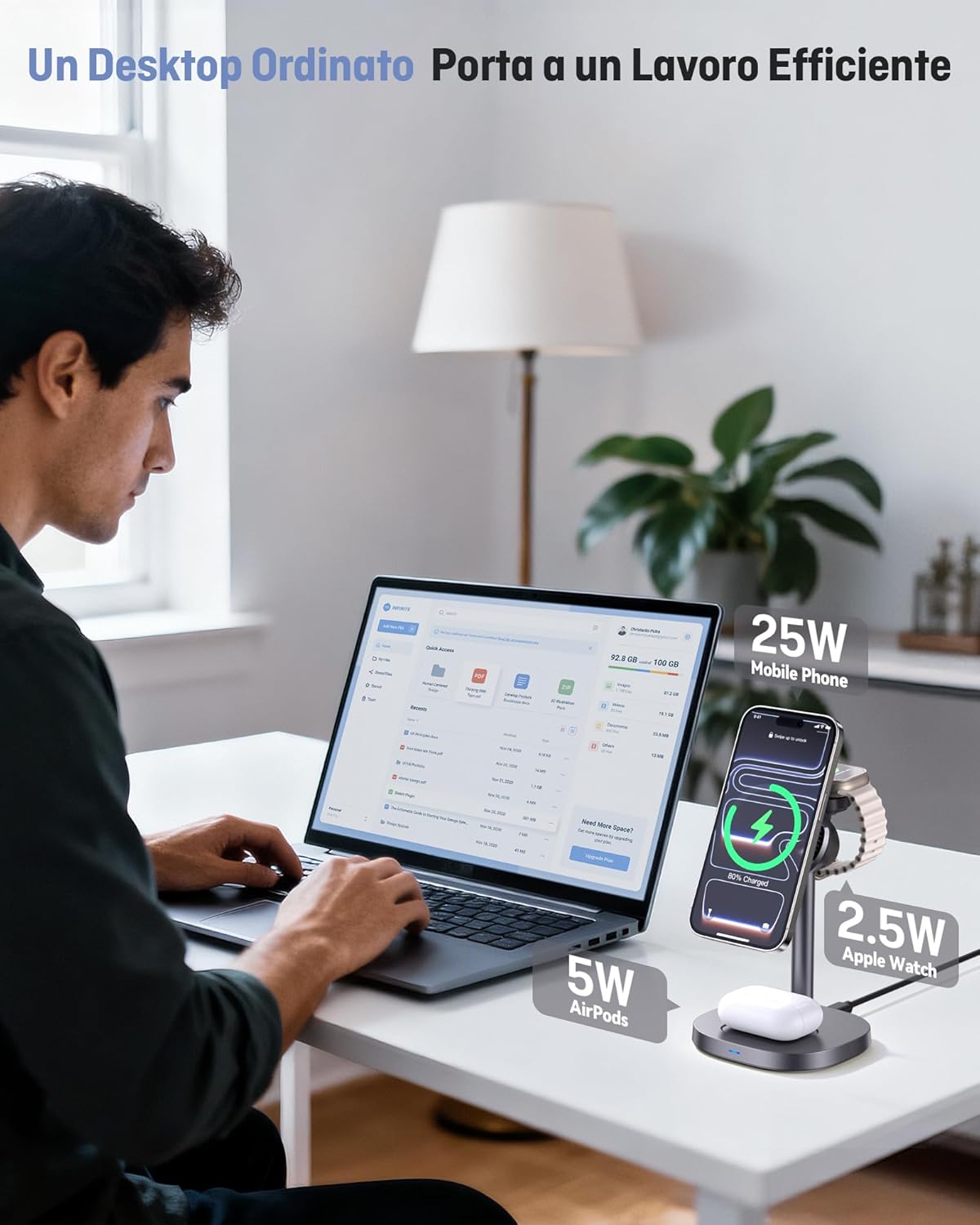 Thumbnail 6 de Augnner 3 in 1 Caricatore Wireless Qi2.2 25W con Mag-Safe, raffreddamento attivo e stazione MagSafe per iPhone e Apple Watch/AirPods