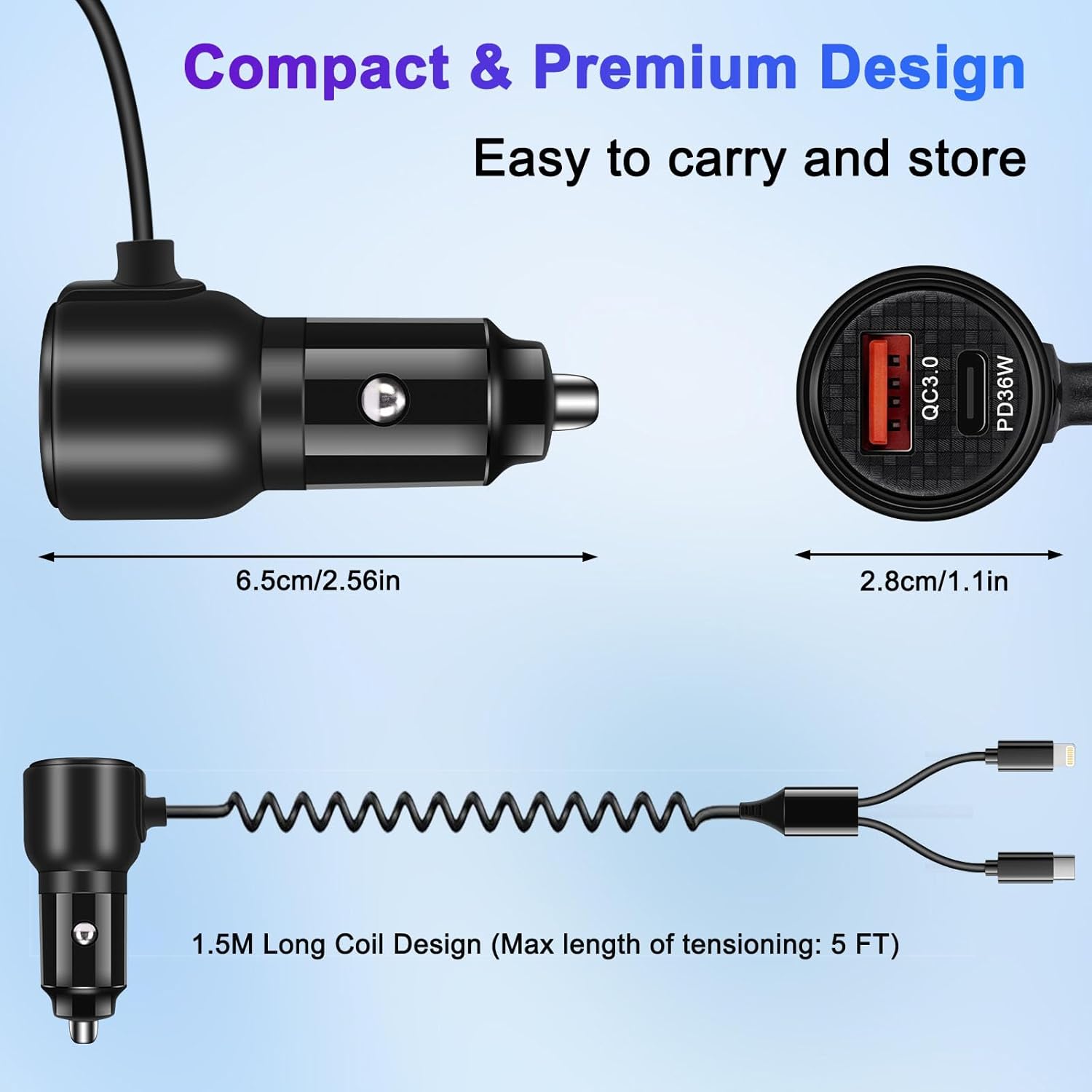 Thumbnail 2 de BUNUD USB Car Charger 66W with PD & QC 3.0 and coiled cable (Type C + Lightning)