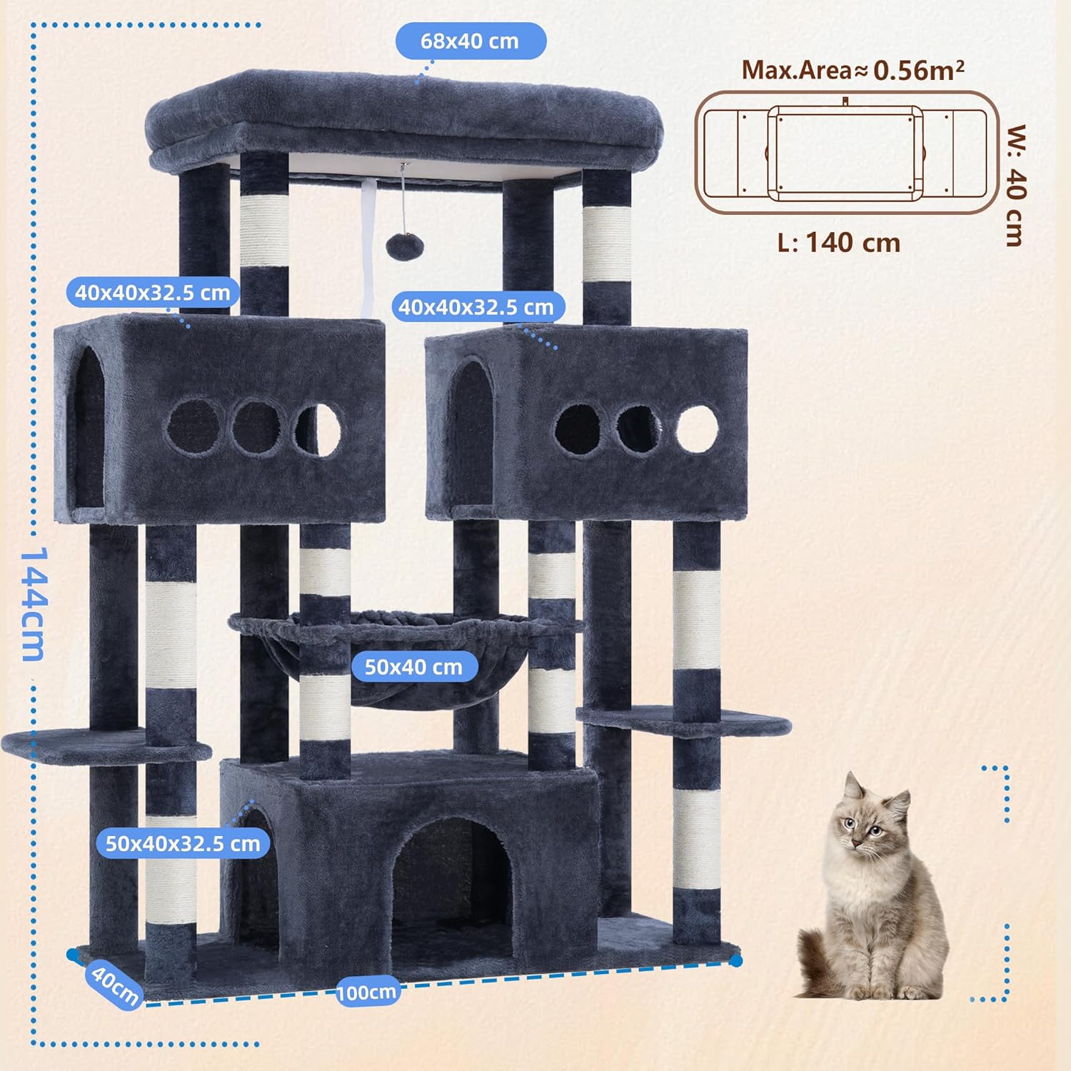 Detalle 2 de Hey-brother Arbre à Chat MPJ083G — Tour de Jeux Multiniveaux 144 cm pour Maine Coon