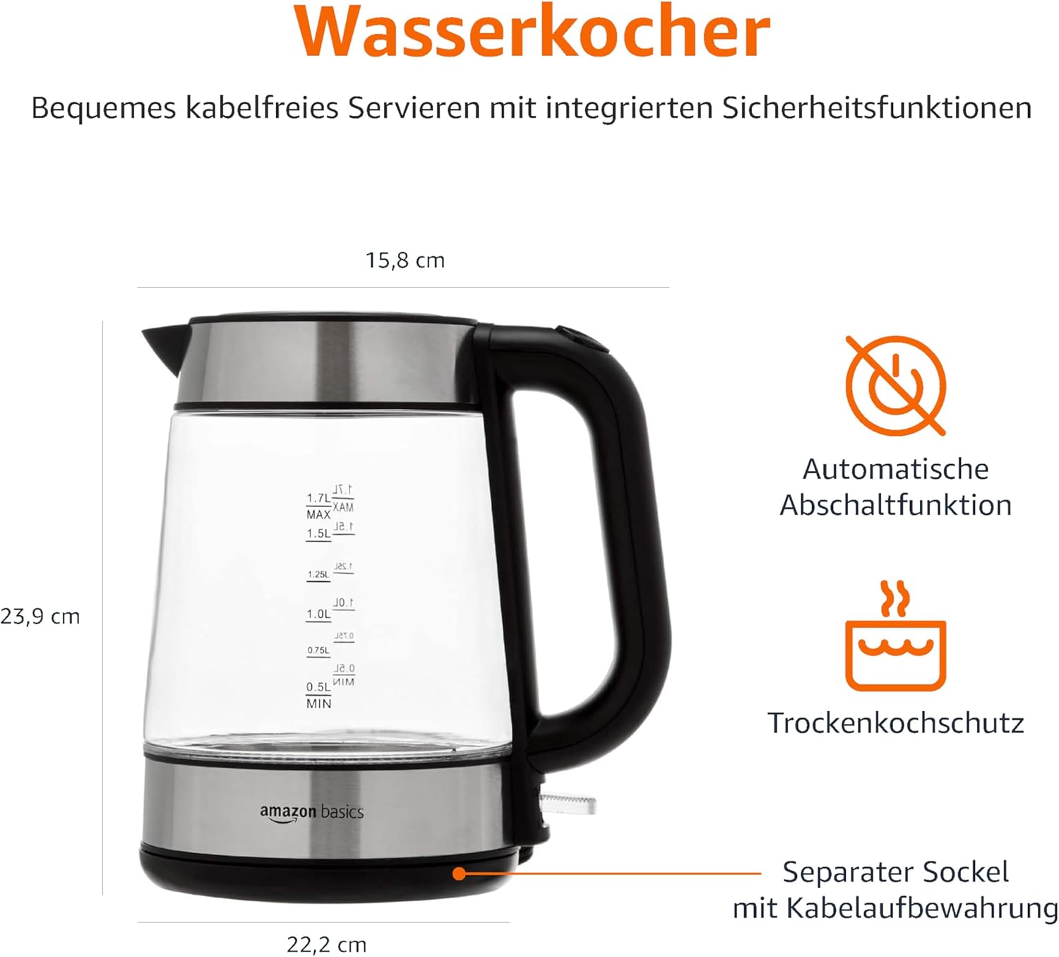 Detalle de Amazon Basics Elektrischer Wasserkocher aus Glas, 1,7 l, 2200 W – zuverlässig und flexibel