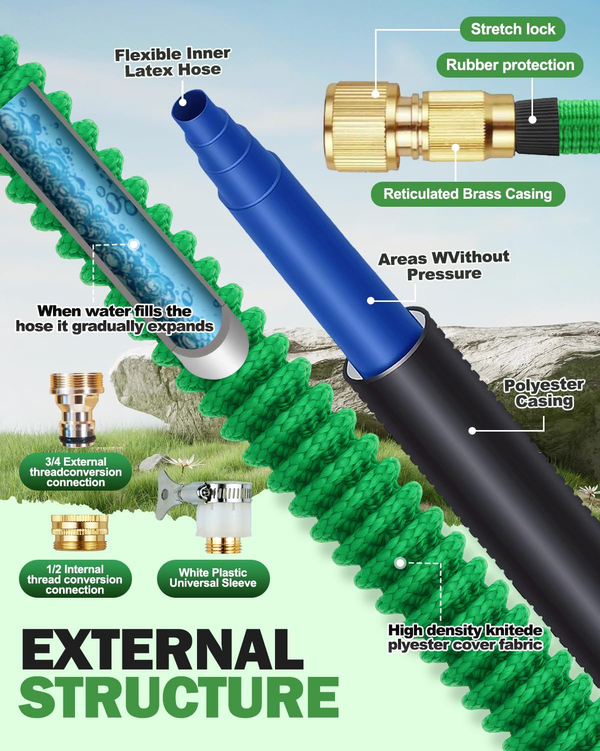 Detalle de 150FT Expandable Garden Hose with 4-Layer Latex Core, 10-Function Nozzle and Copper-Plated Connectors (Green)