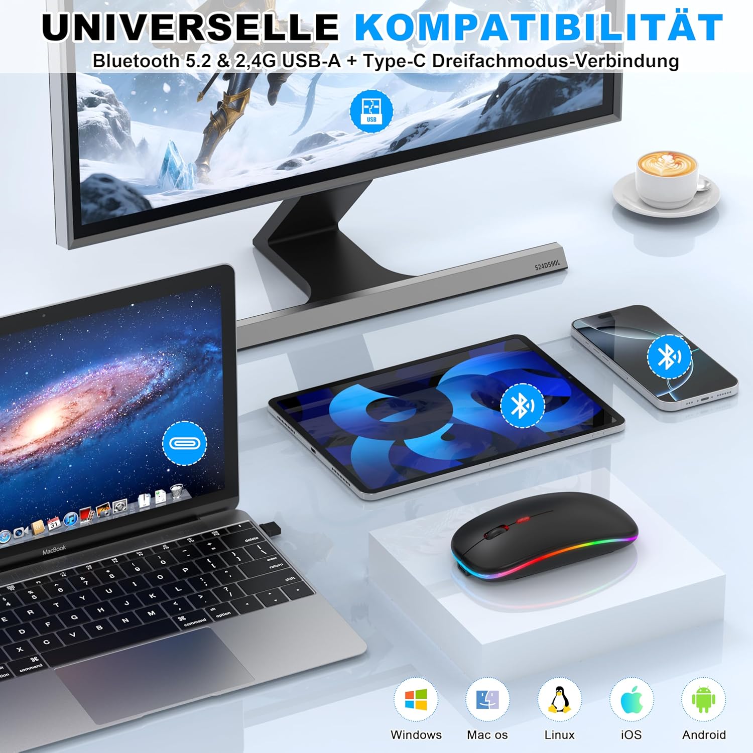 Thumbnail 3 de Azmall kabellose Maus mit Jiggler-Modus – Bluetooth 5.2 & 2,4G Funk, 1600 DPI, Schwarz