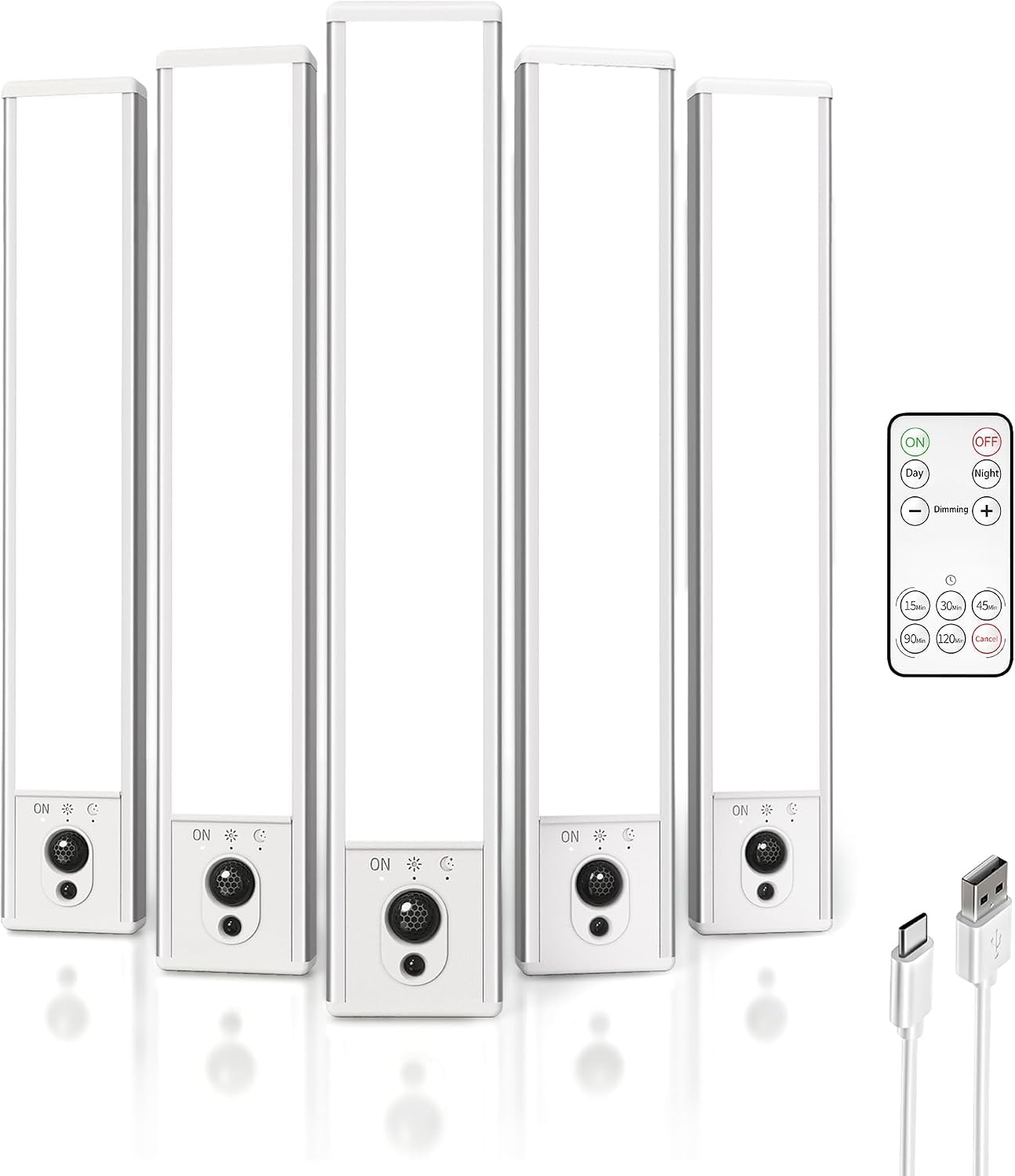Detalle de EZVALO Schrankbeleuchtung 23 cm mit Fernsteuerung & Bewegungsmelder – 5 Stück, USB-Unterbauleuchte, 5700K