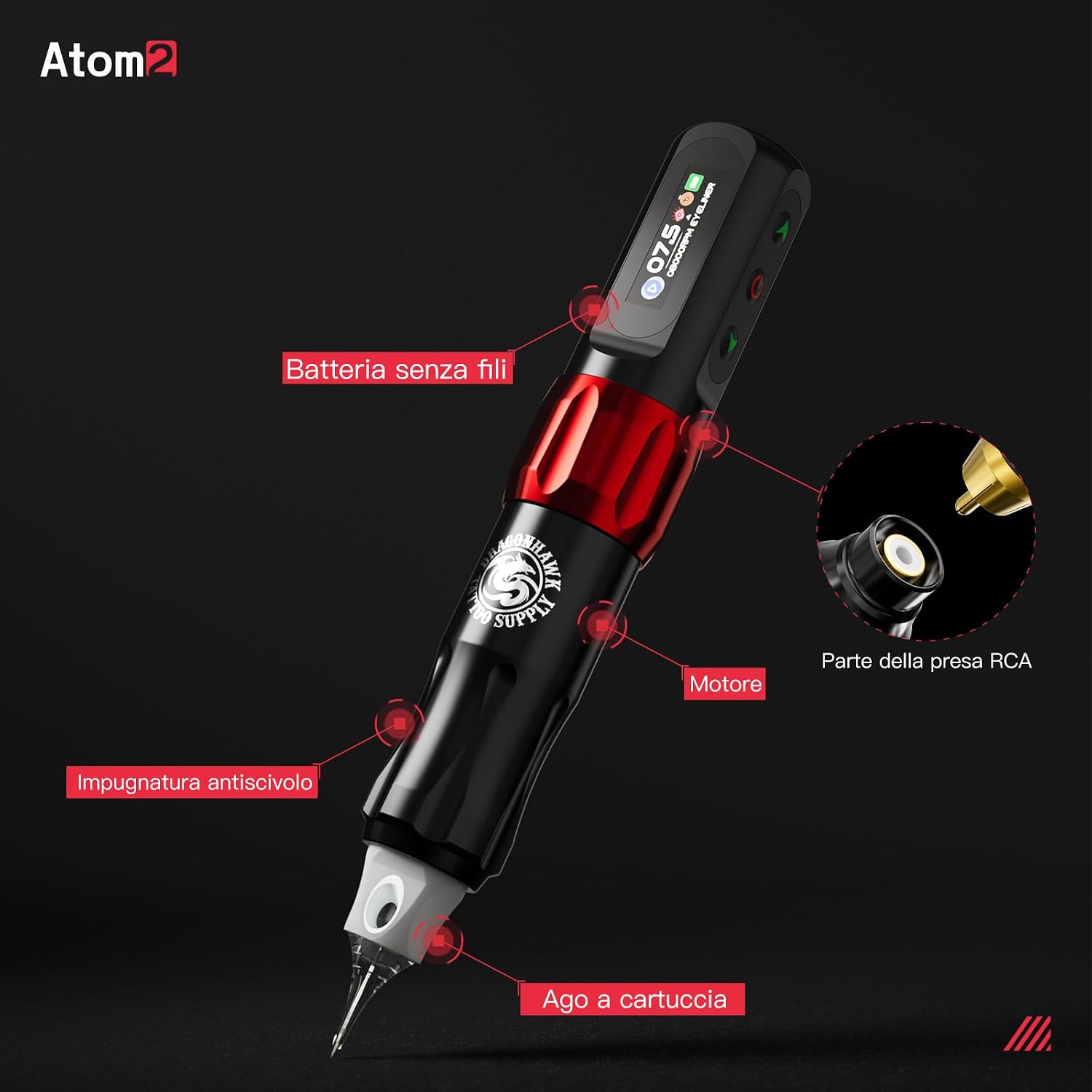 Detalle de Dragonhawk Atom2 Wireless Tattoo Machine penna per tatuaggi con display e modalità