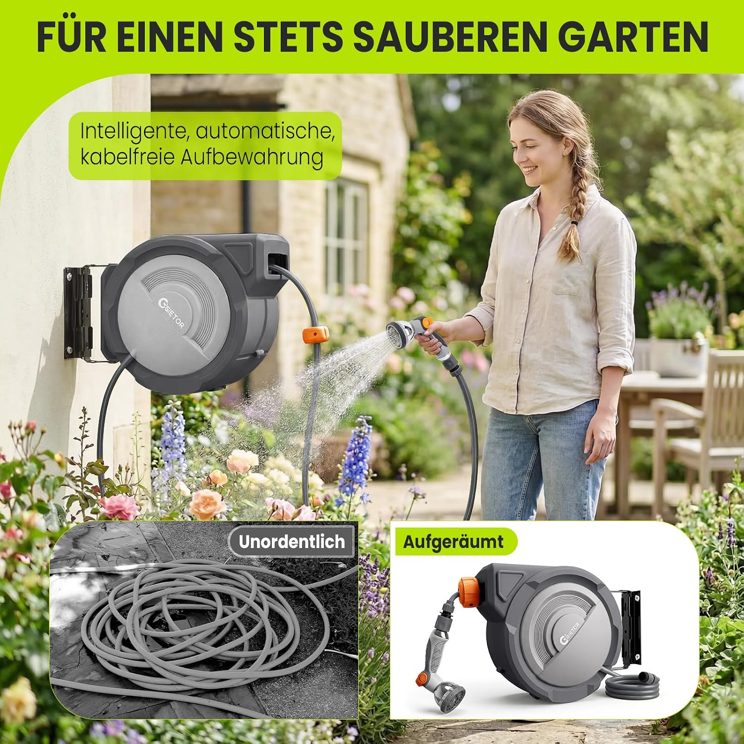 Detalle 2 de Bietor Schlauchtrommel Wasser 45m + 2m – 180° Schwenkbare Wandhalterung, automatische Aufrollung mit 10‑Funktionen Sprühdüse