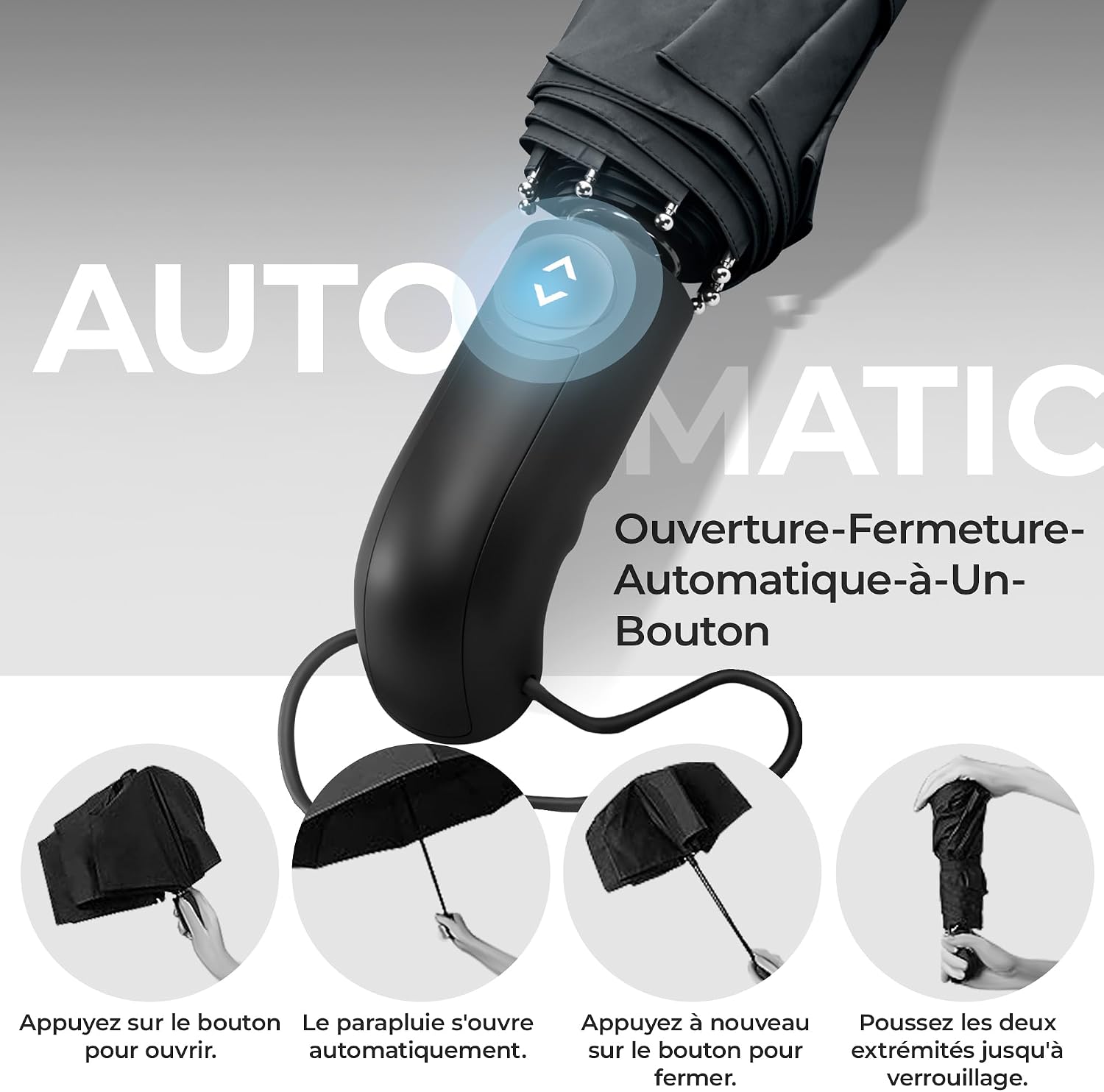 Detalle de Parapluie Pliant Compact Automatique (ouverture/fermeture bouton) noir – Résistant au vent, étanche