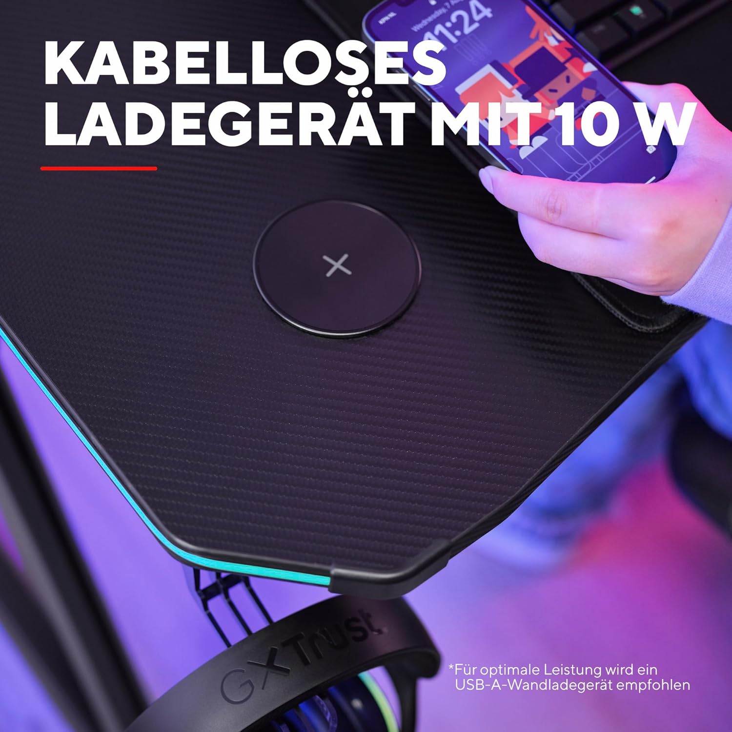 Thumbnail 5 de Trust Gaming GXT 710 Luminus Pro Gaming Tisch 120x60 mit RGB-Beleuchtung und kabelloser 10-W-Ladefläche