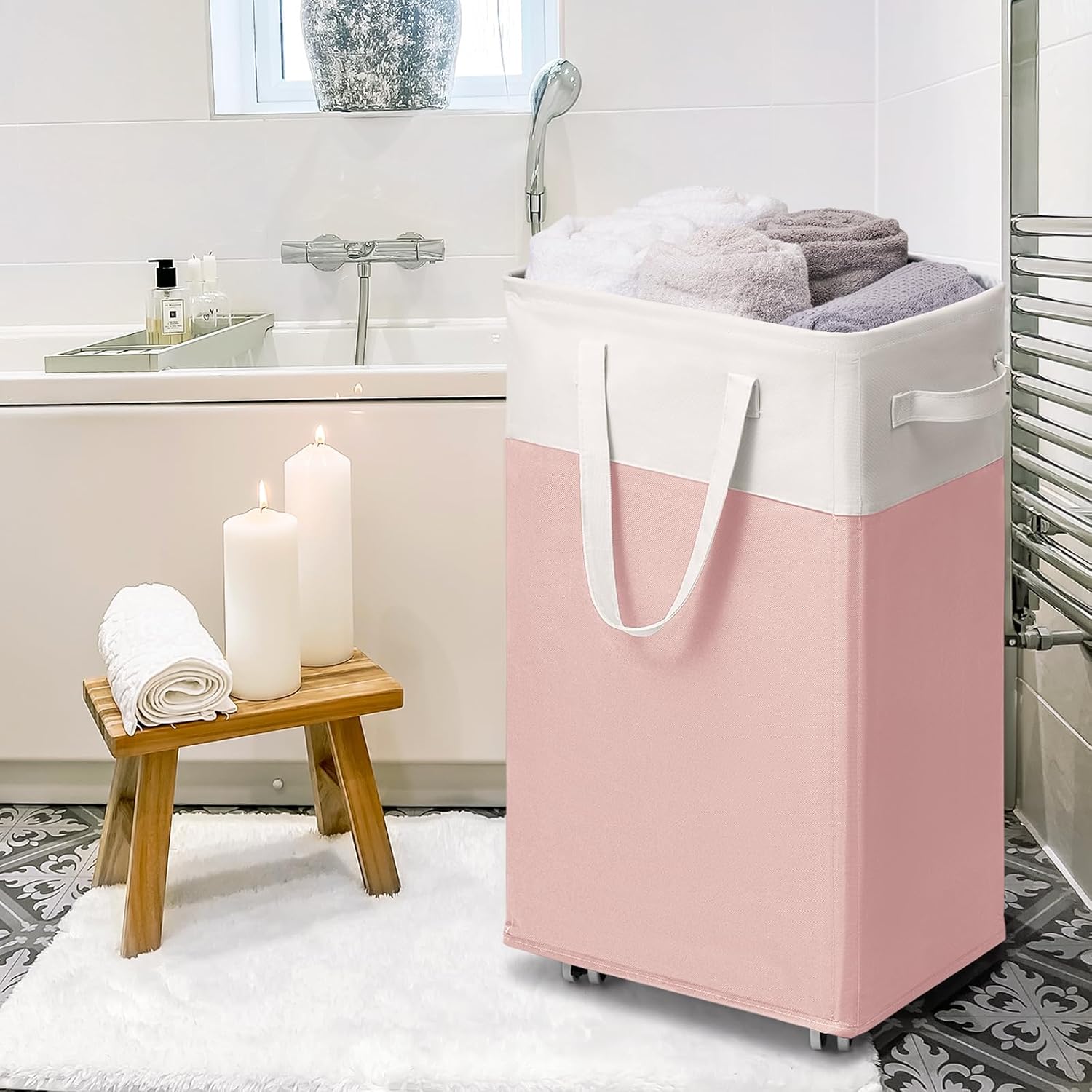 Thumbnail 6 de Goodpick Canvas07wheel75-pink white 2-Pack Rolling Laundry Hampers, 75L