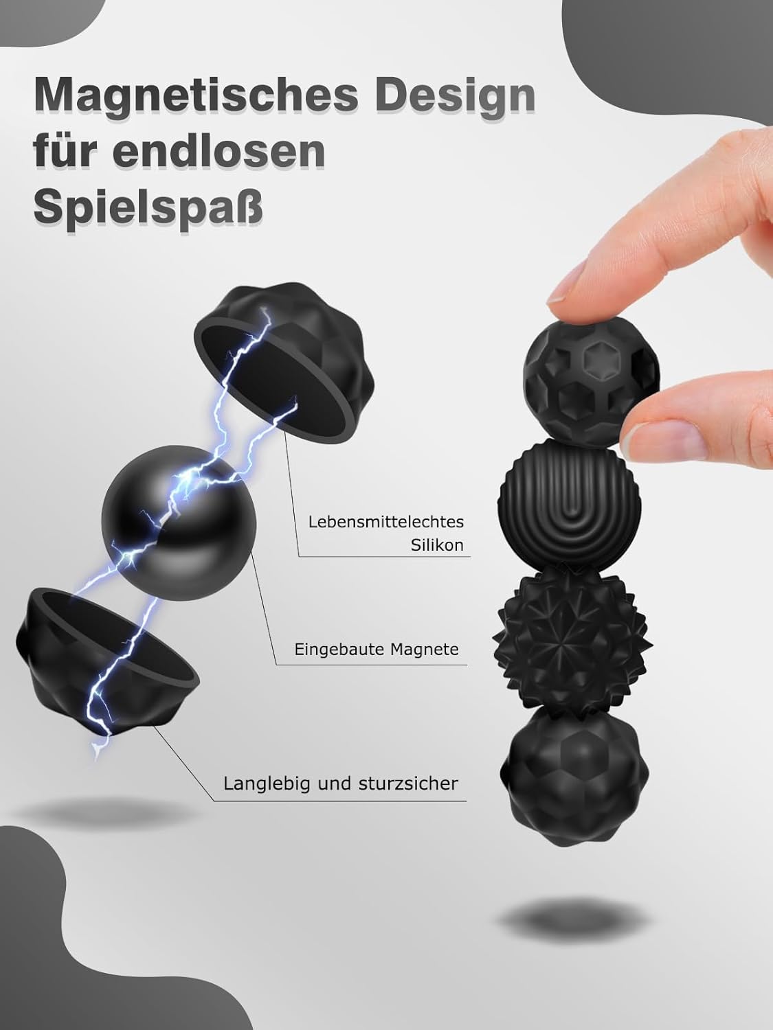 Detalle de Silikon Magnetkugeln Fidget Toys – 8er-Set, magnetische Sensorik-Bälle in Schwarz