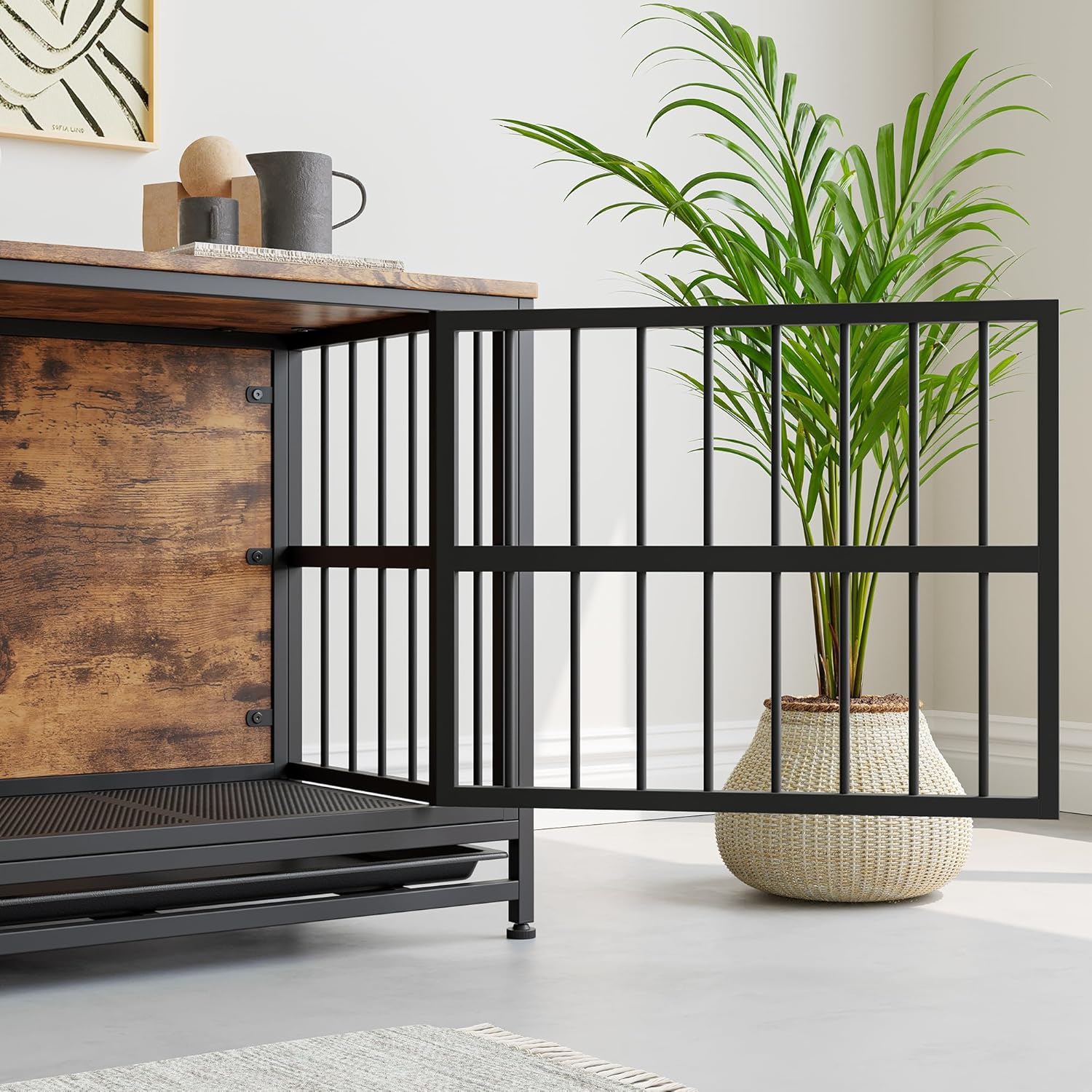 Detalle 2 de BORPHOM 32.68" Wooden Dog Crate Furniture – Large indoor kennel with 2 doors and removable tray