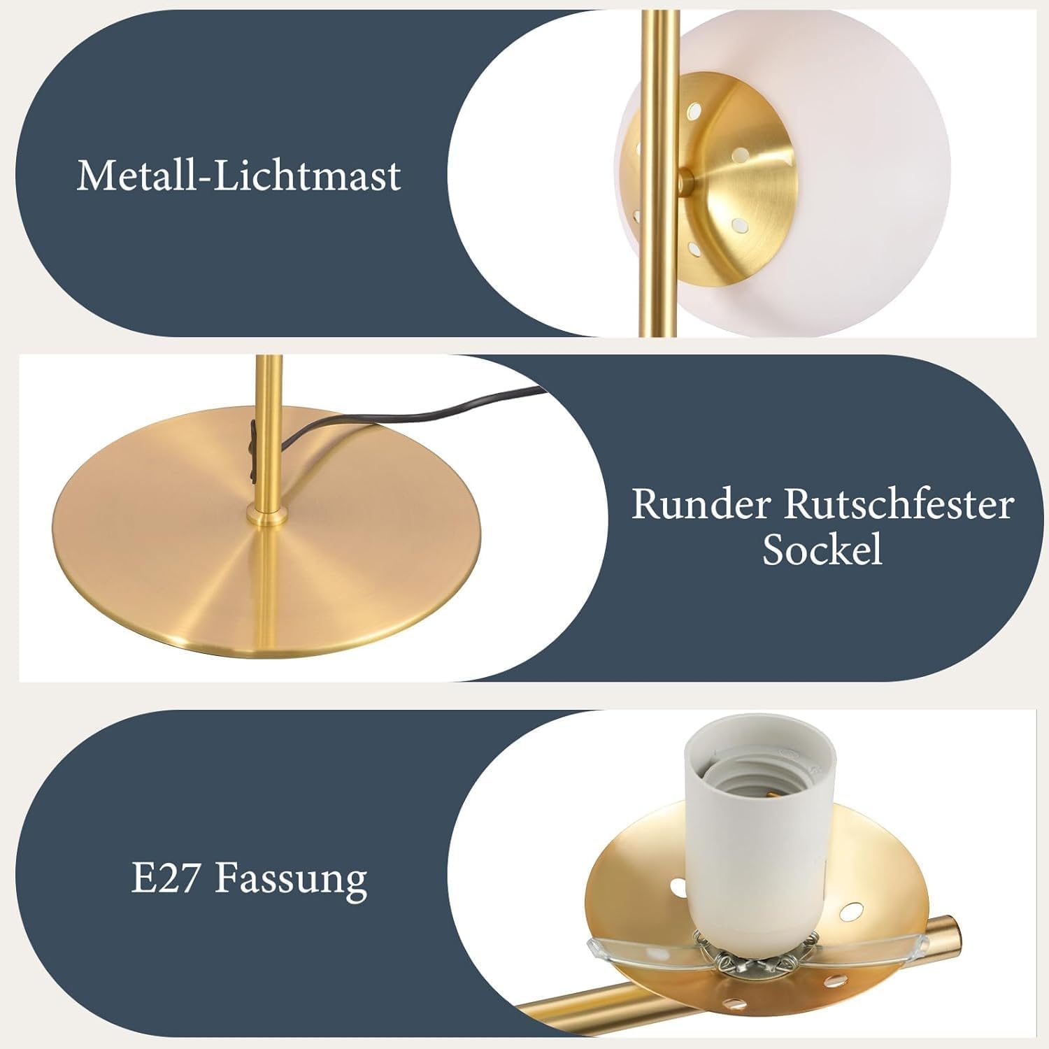 Thumbnail 5 de ZMH Lampadaire moderne pour salon — 3 ampoules E27, design doré et boule de verre