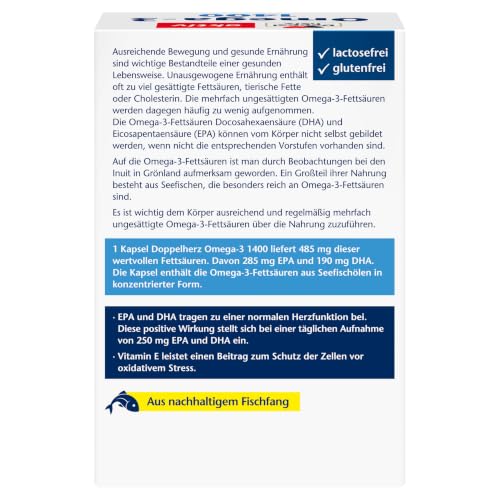 Detalle de Doppelherz Omega-3 1400 – Hochdosiertes Seefischöl-Nahrungsergänzungsmittel mit Vitamin E