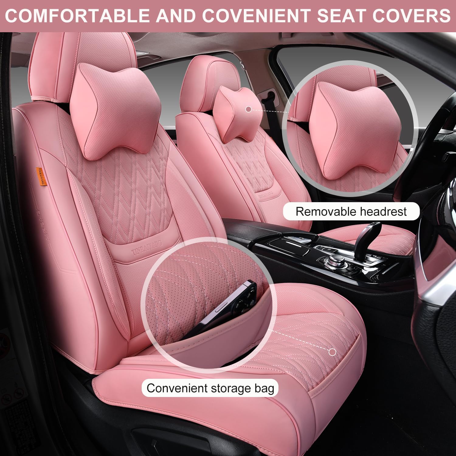 Thumbnail 1 de TINRAIYANG Pink Car Seat Covers Full Set with Removable Memory Headrests