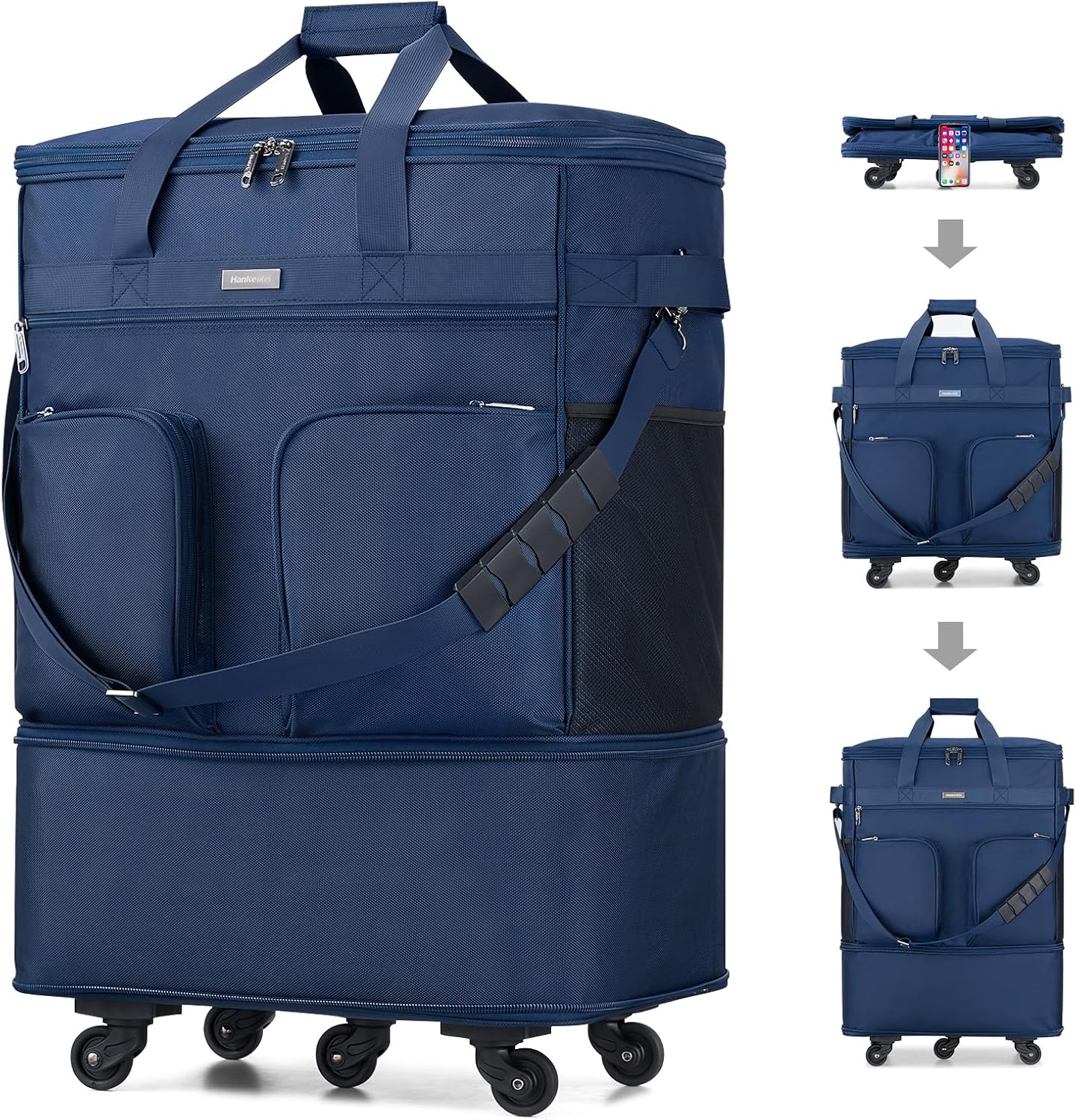 Detalle de Hanke Expandable Large Suitcase 4 Wheels – Lightweight, Foldable 68L–98L (20/24/28 inch) with No Telescopic Handle, Blue