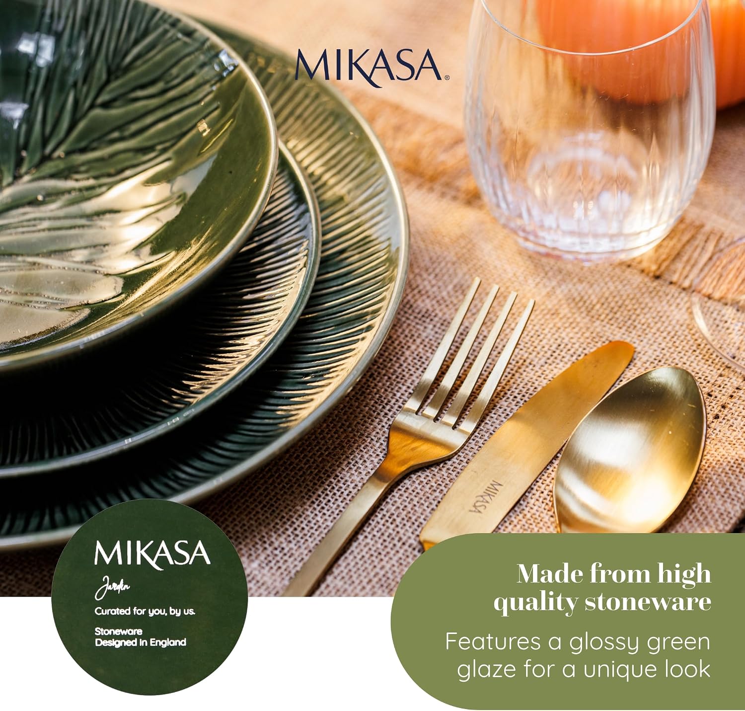 Detalle de Mikasa Jardin Pasta Bowl Set, 4 Stoneware Bowls, 20cm, Green