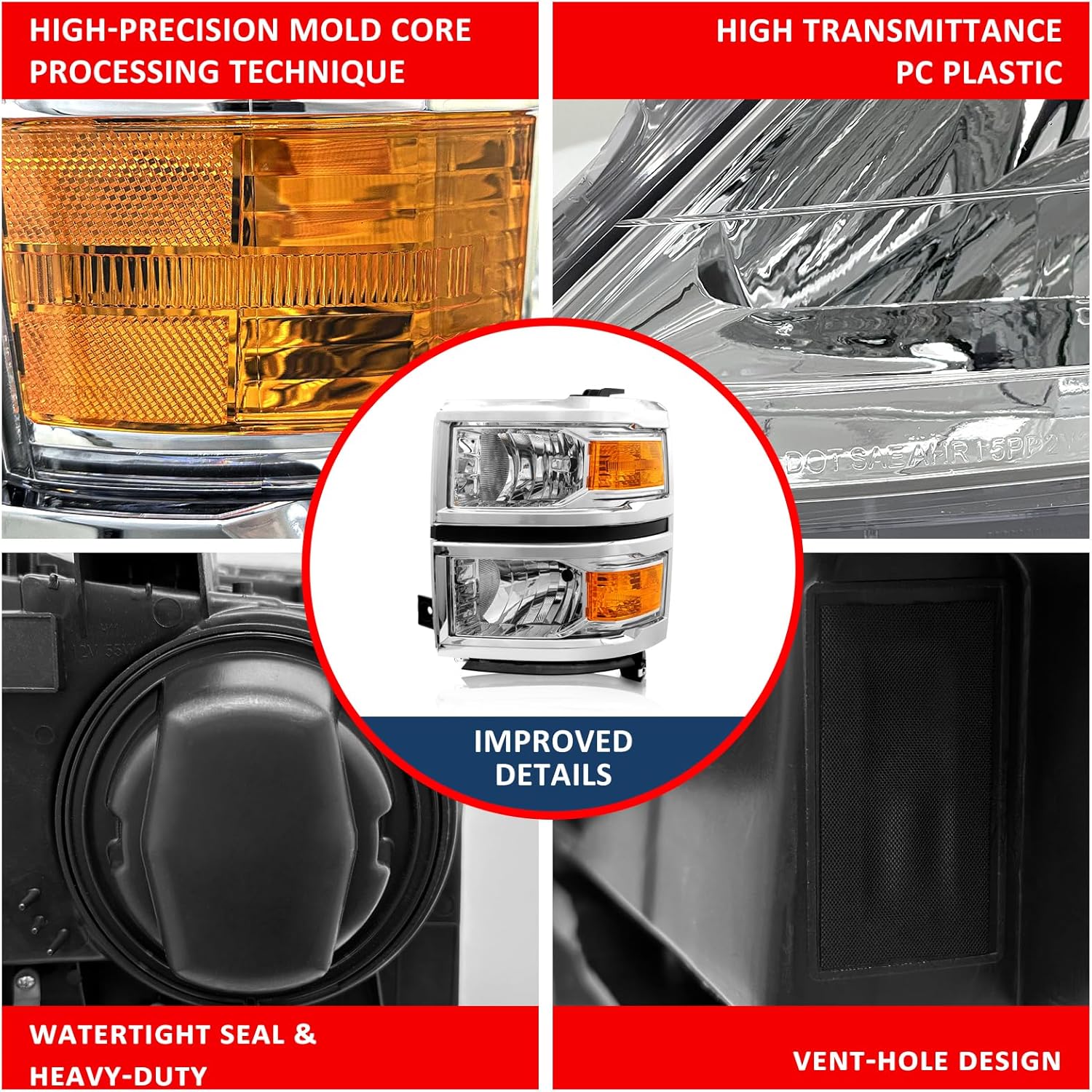 Thumbnail 5 de ADCARLIGHTS OE-Style Headlight Assembly Pair for 2014–2015 Chevy Silverado 1500 (Halogen, Chrome Housing)