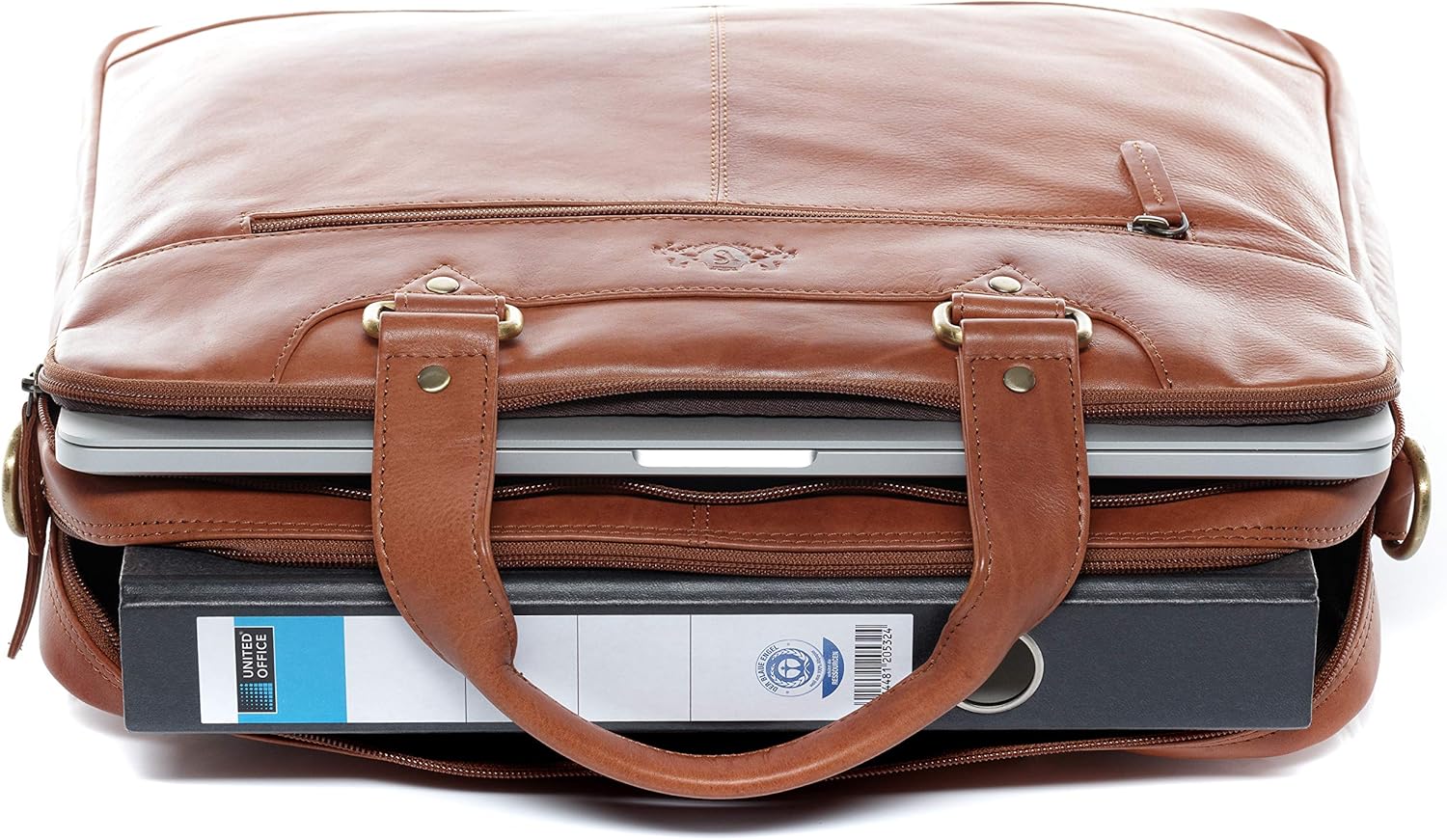 Detalle de SID & VAIN Große Laptoptasche Echt Leder – 15 Zoll, braun, handgefertigt, mit Laptopfach und Trolley-Befestigung