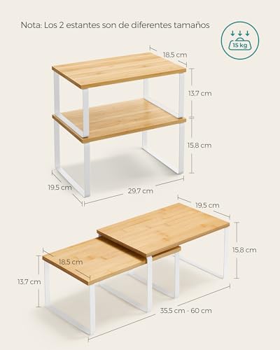 Detalle de SONGMICS Estante para Especias (Juego de 2) – Organizador Extensible con Madera de Ingeniería y Metal, Blanco Nube / Beige Natural