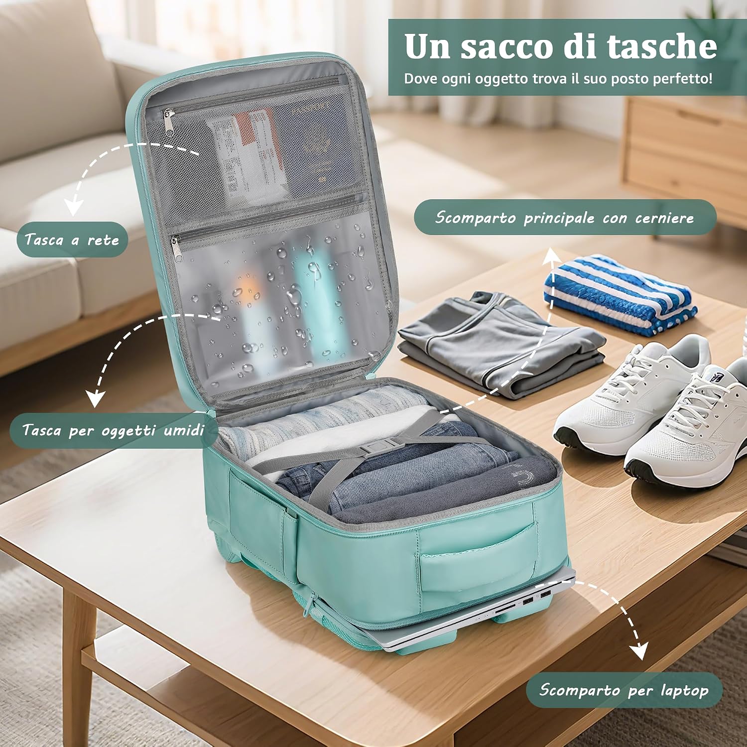 Detalle de VSNOON Zaino da Cabina Ryanair 40x30x20 cm – Zaino da Viaggio 25 L, compartimento laptop 14", Verde
