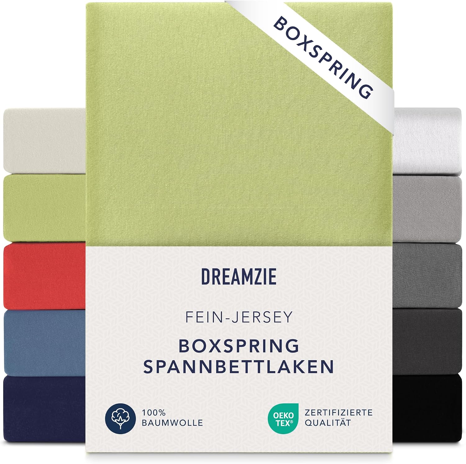 Detalle de Dreamzie Premium Spannbettlaken aus Jersey (60° waschbar) in Grün – passend bis 37 cm Seitenhöhe (180×200 bis 200×220)