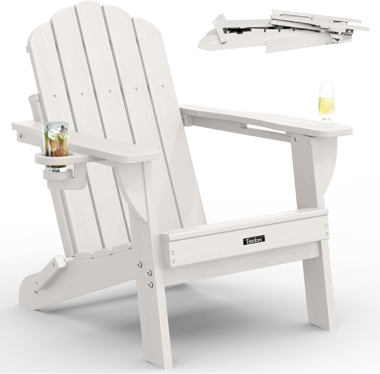 Detalle de Eesdom Folding Adirondack Chair, White Wood-Grain Finish, 2 Cup Holders