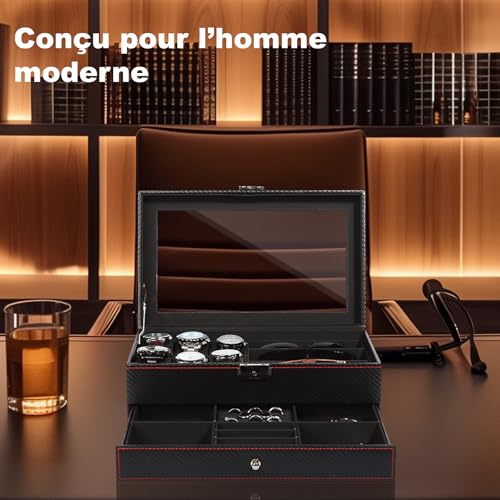 Detalle de Nestwerk Boîte à Montres Homme — Rangement 2 Niveaux avec Couvercle en Verre, 6 Emplacements et 3 Compartiments Lunettes