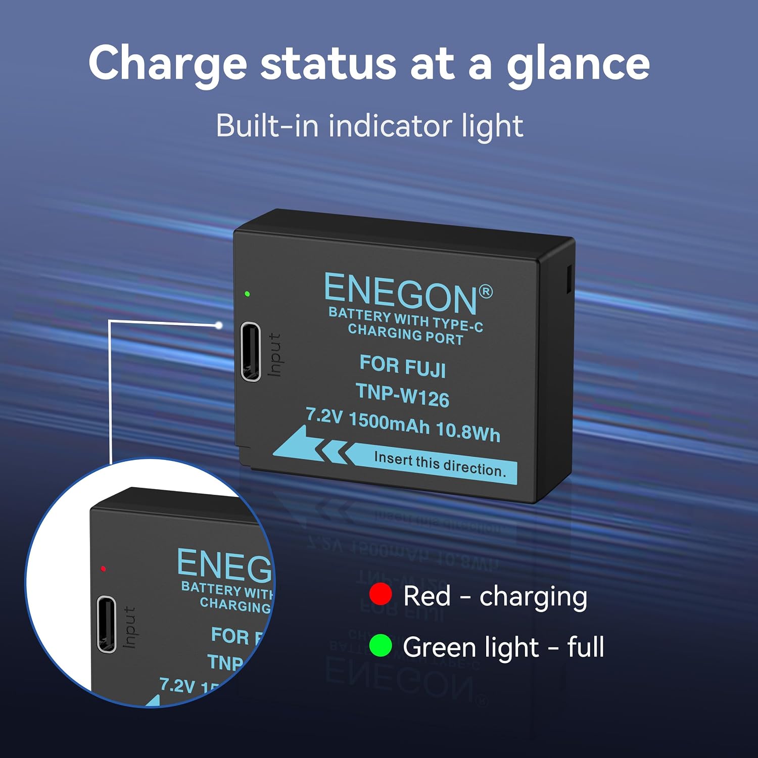 Detalle de ENEGON NP-W126 / NP-W126S USB-C charging port battery (1500mAh) for Fujifilm cameras