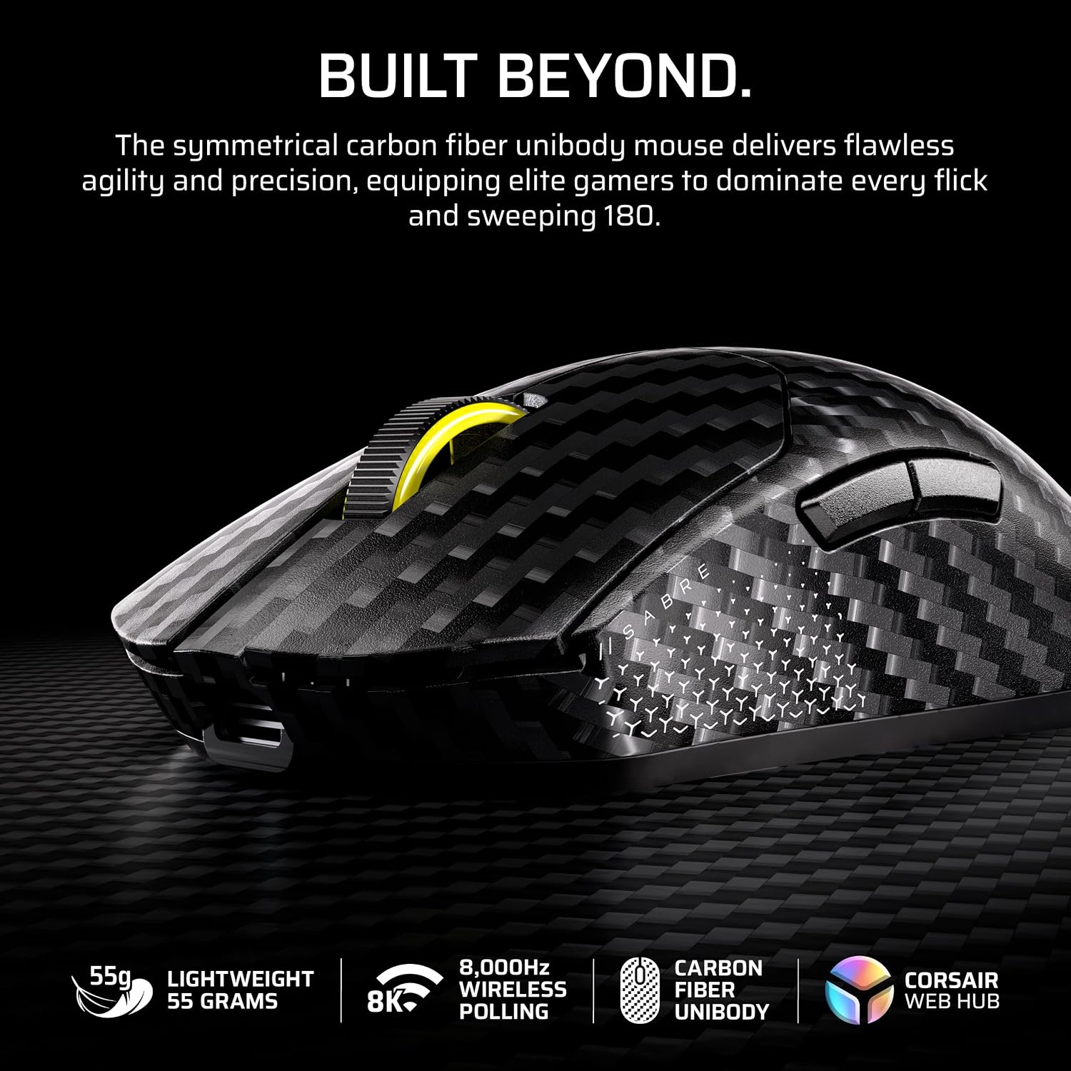 Detalle de Corsair Sabre v2 PRO Wireless CF FPS Gaming Mouse (Black) — Carbon Fiber Unibody, 33,000 DPI, 8,000Hz Hyper-Polling