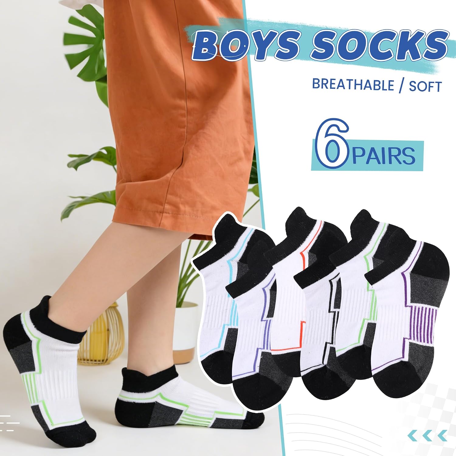 Thumbnail 2 de SEEYAN Kids Socks Boys Ankle Athletic Half Cushioned Low Cut Cotton Breathable Socks – 6 Pairs