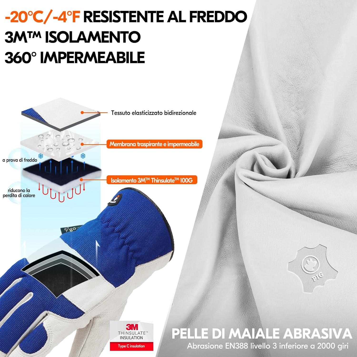 Thumbnail 1 de Vgo… PA7226FLWP: guanti da lavoro invernali impermeabili per freddo fino a 0°C, in pelle di maiale