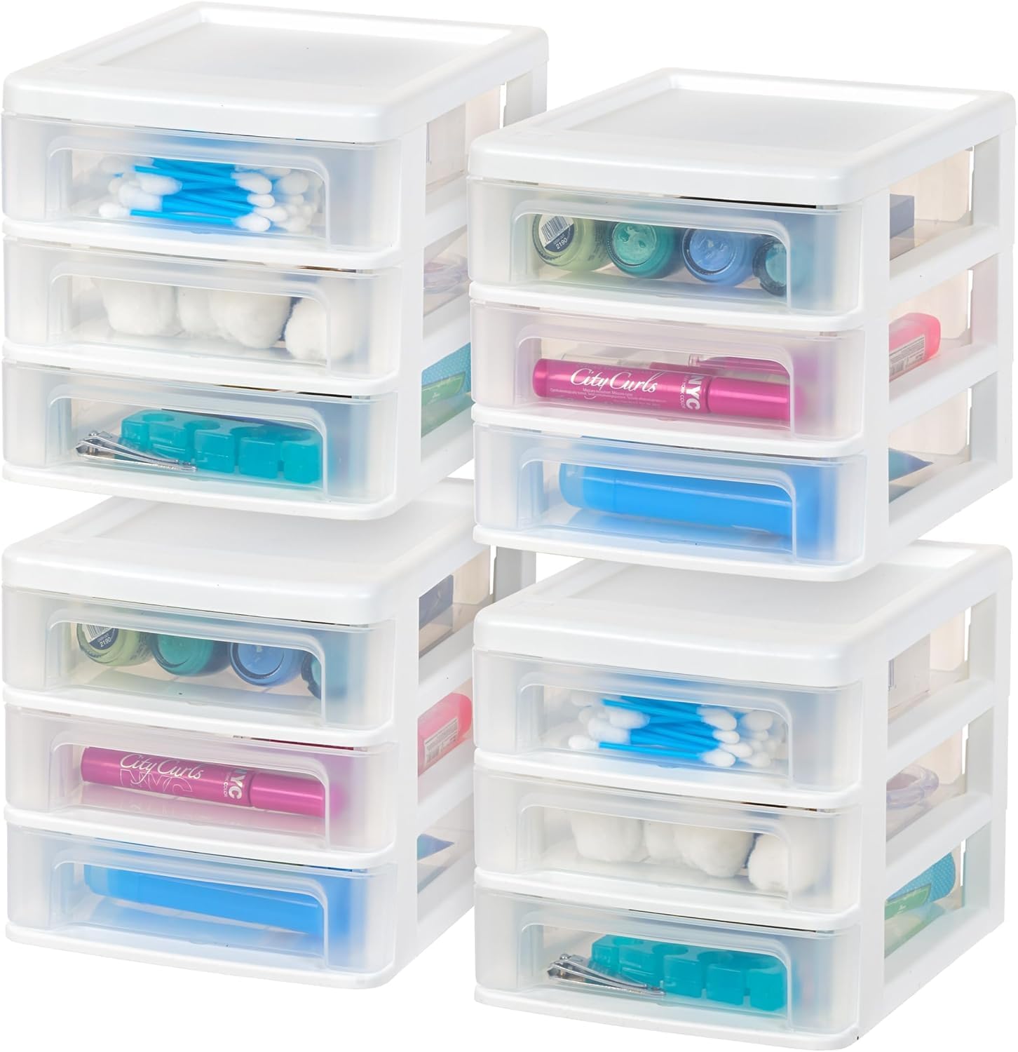 IRIS USA 587602 4-Pack 3-Drawer Desktop Organizers, Stackable White Plastic