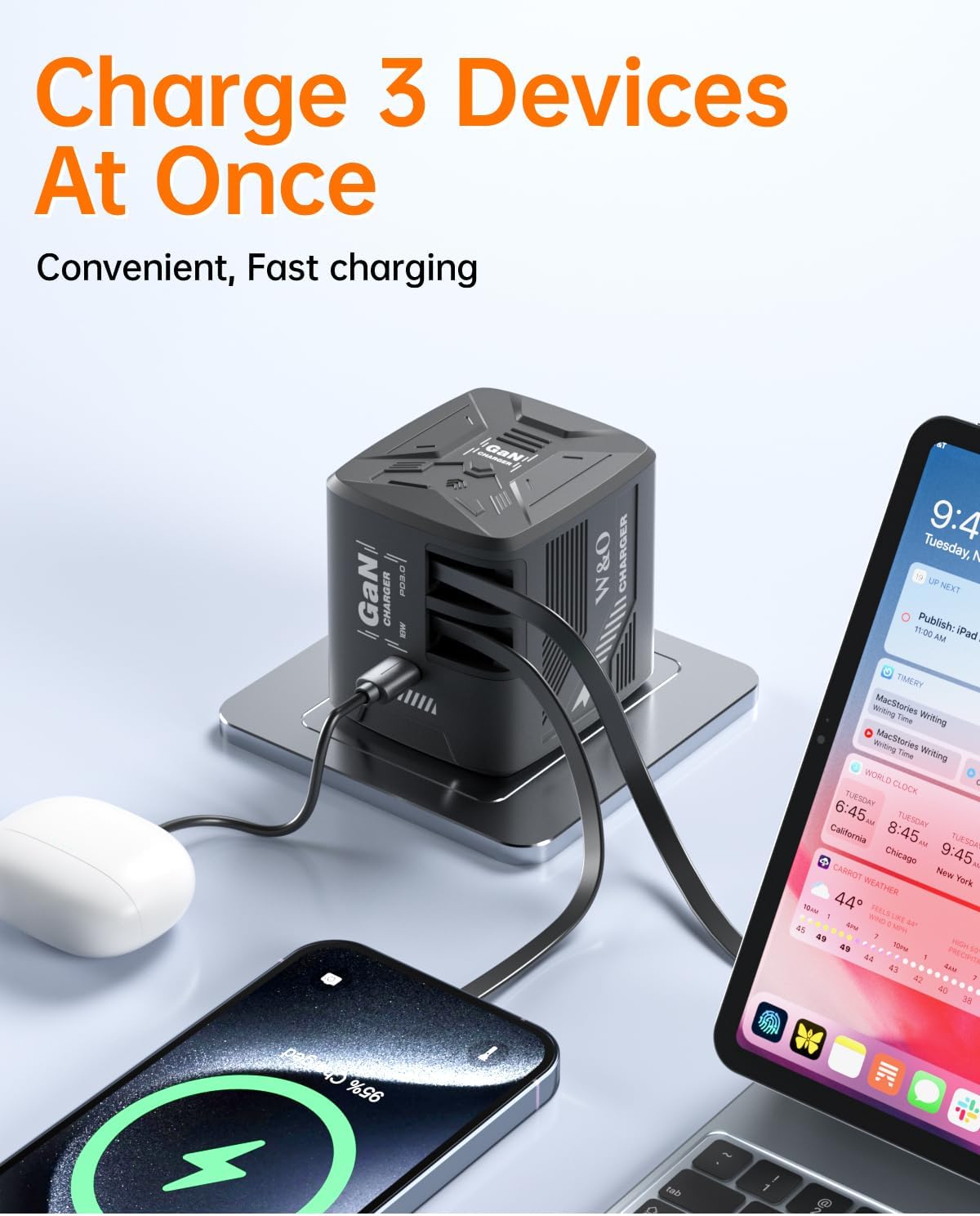 Detalle de 60W GaN Fast Charger with Built-in 1.2m Retractable Cables — 3-in-1 USB-C Charger (UK Plug) for iPhone, iPad and Galaxy