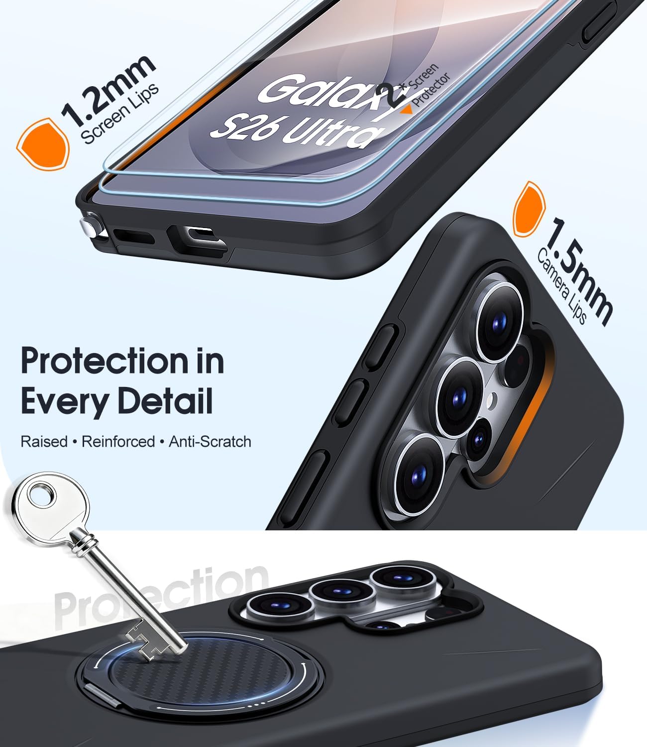Detalle de AOUIA Samsung S26 Ultra Case (Black) with 2-Pack Screen Protector & 360° Kickstand