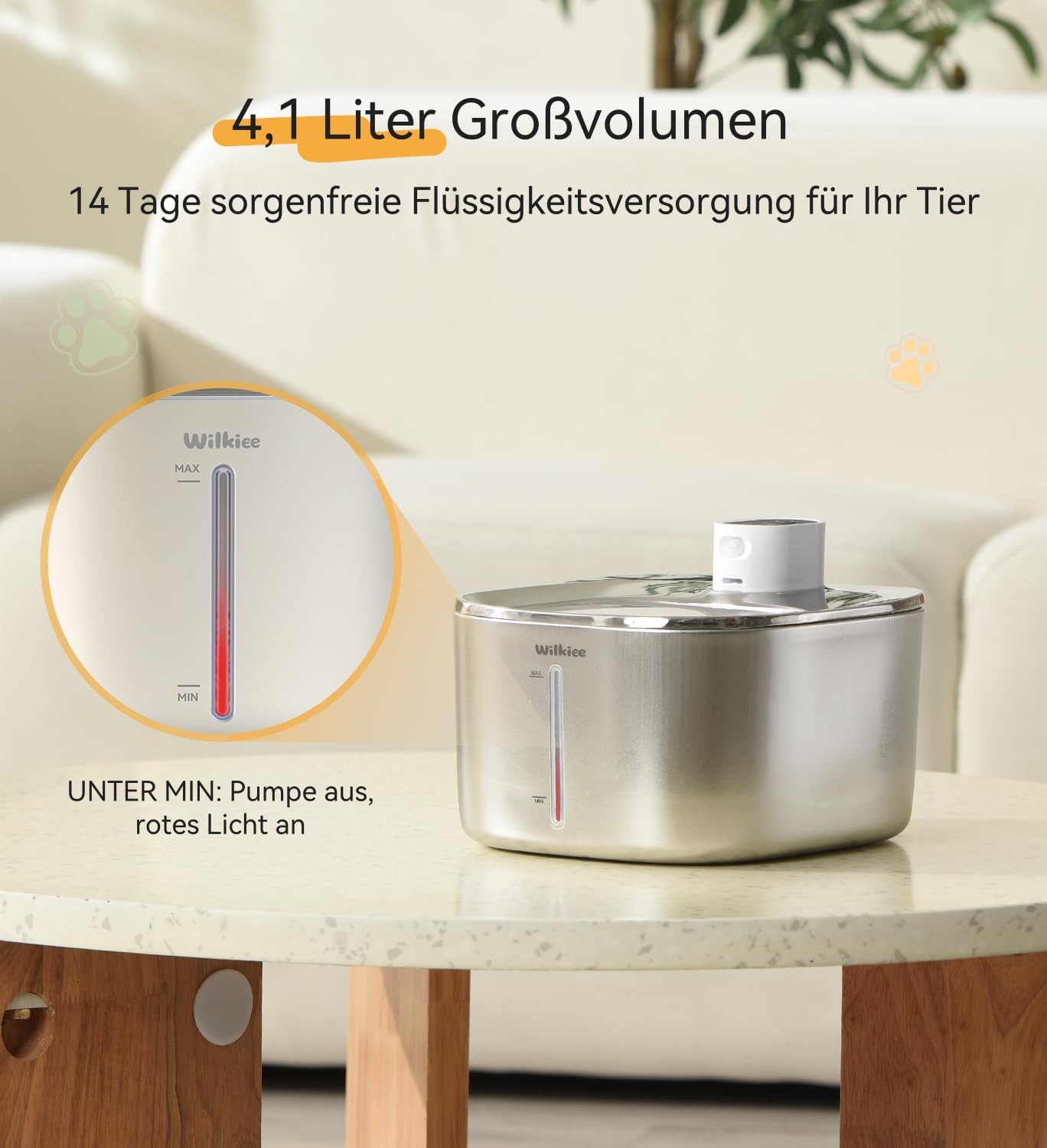 Detalle de WILKIEE Katzenbrunnen Edelstahl 4,1 L Akku