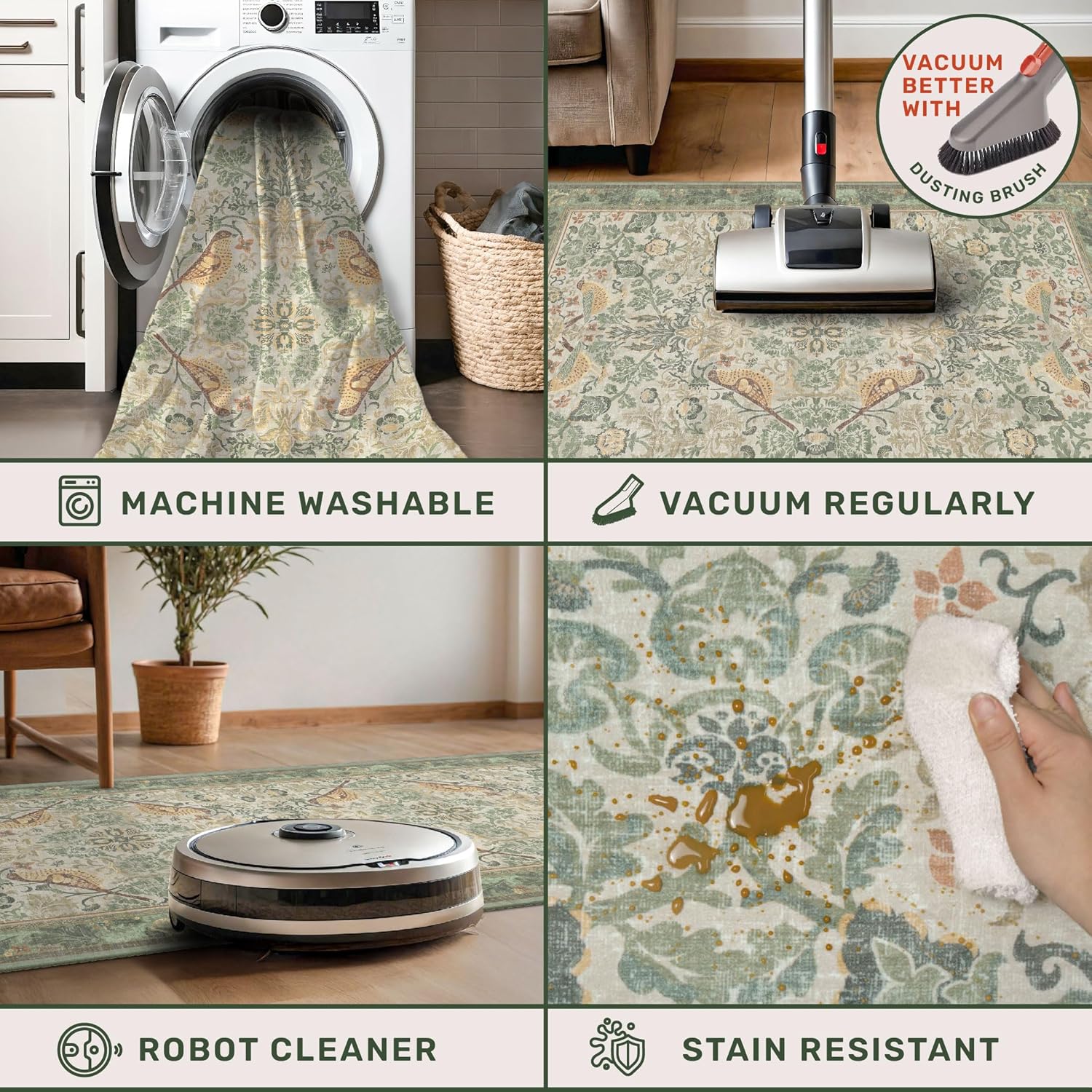 Thumbnail 4 de Floral Washable Large Rugs 10x14 in Sage Green (Soft Non-Skid Low Pile, Machine Washable Indoor Area Rug)