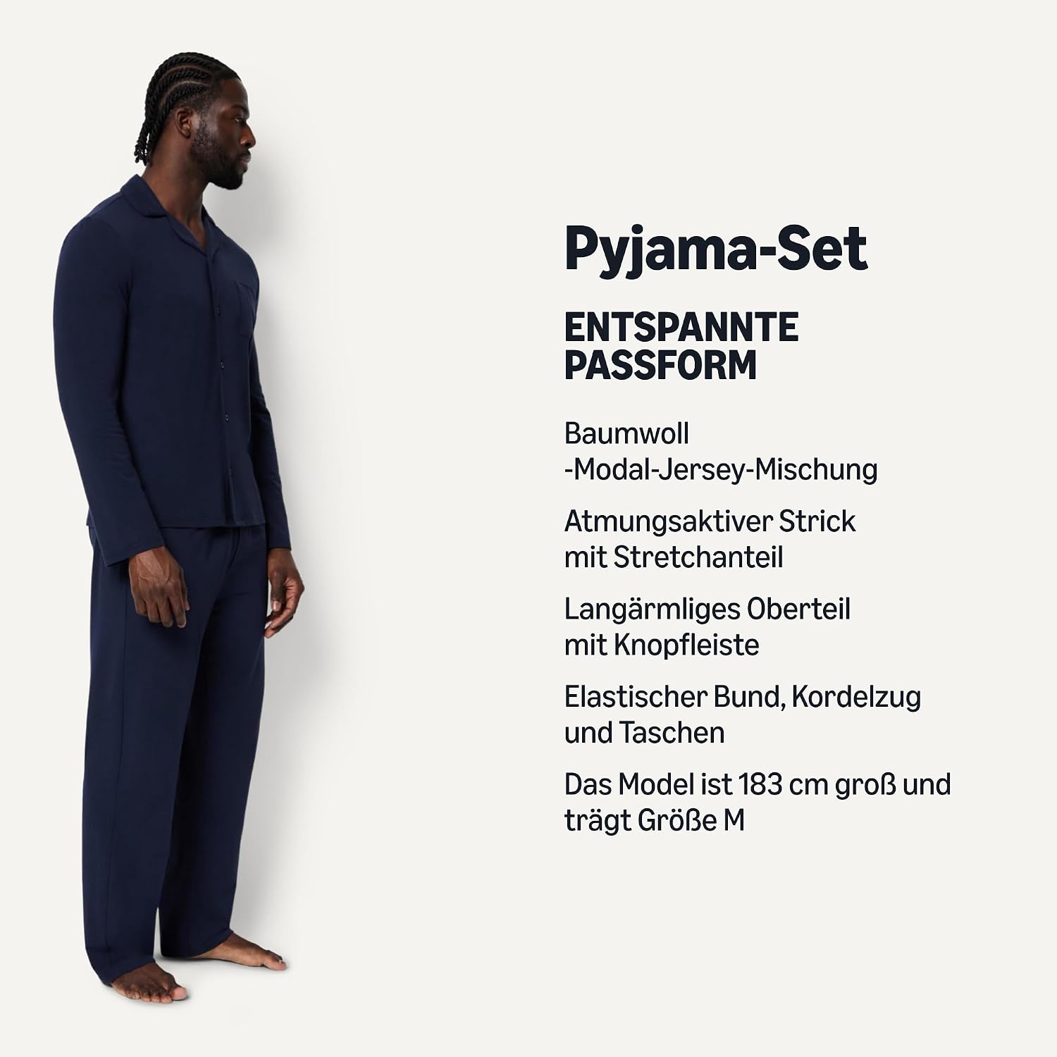 Detalle de Amazon Essentials Herren Pyjama-Set aus Baumwoll-Modal – langärmliges Oberteil mit Knopfleiste und Hose