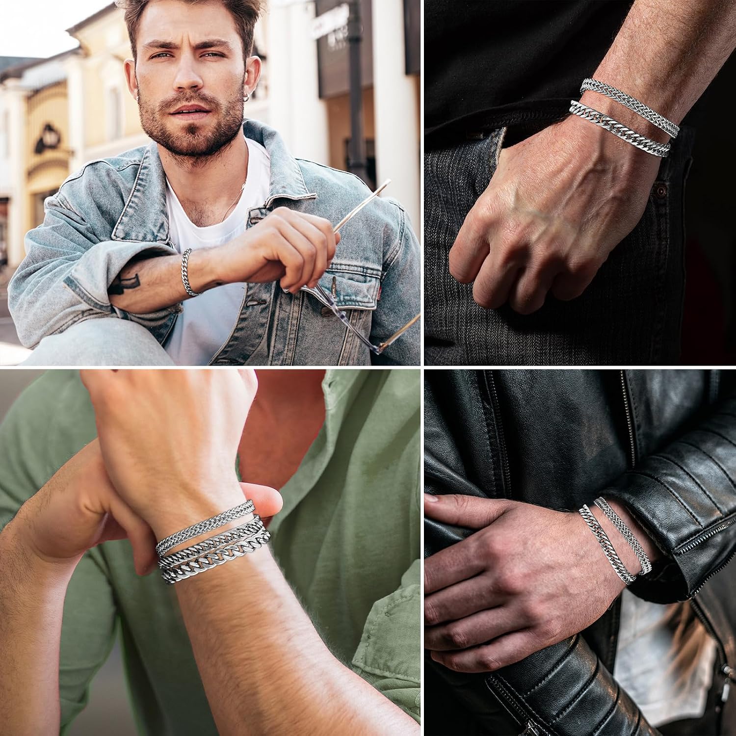 Detalle de Esmoly 4 Pezzi bracciale da uomo in acciaio 316L (argento, oro e nero) – catena cubana, set impilabile, lunghezze 19/21/23 cm