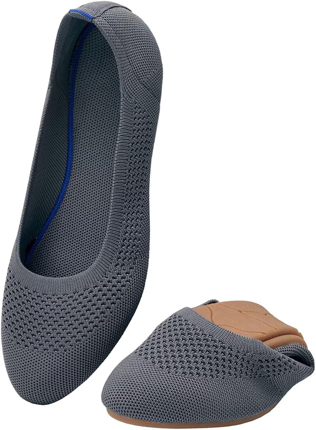 Detalle de Puxowe Damen Strick-Ballerinas mit Rundkappe – flache Slip-On Schuhe für Alltagskomfort