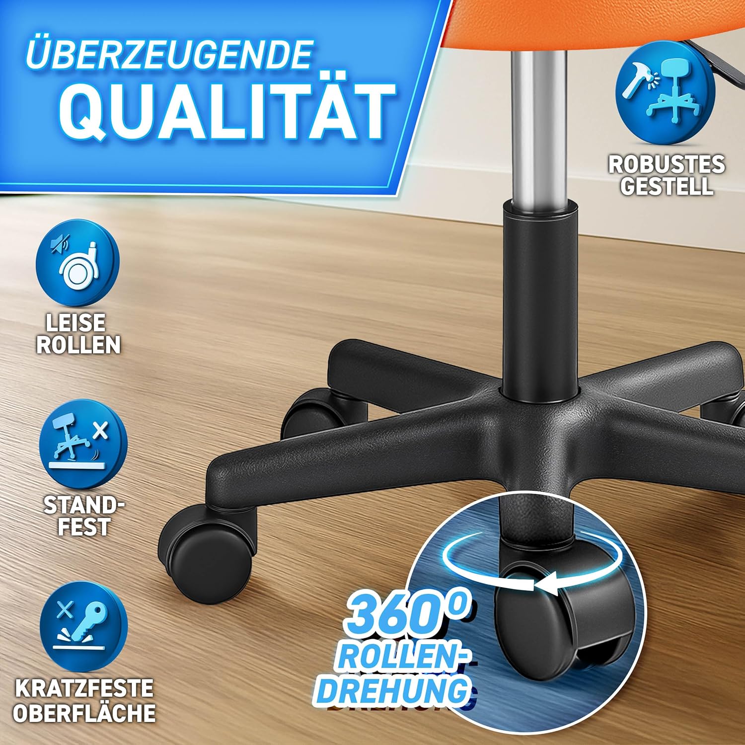 Detalle de TRESKO Rollhocker höhenverstellbar Orange – 360° Drehhocker, bis 150 kg